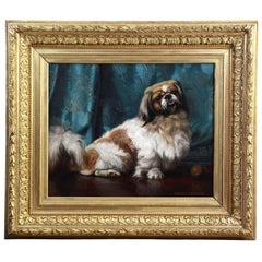 Portrait of a Pekingese Dog, Oil on Canvas, Signed, 20th Century French