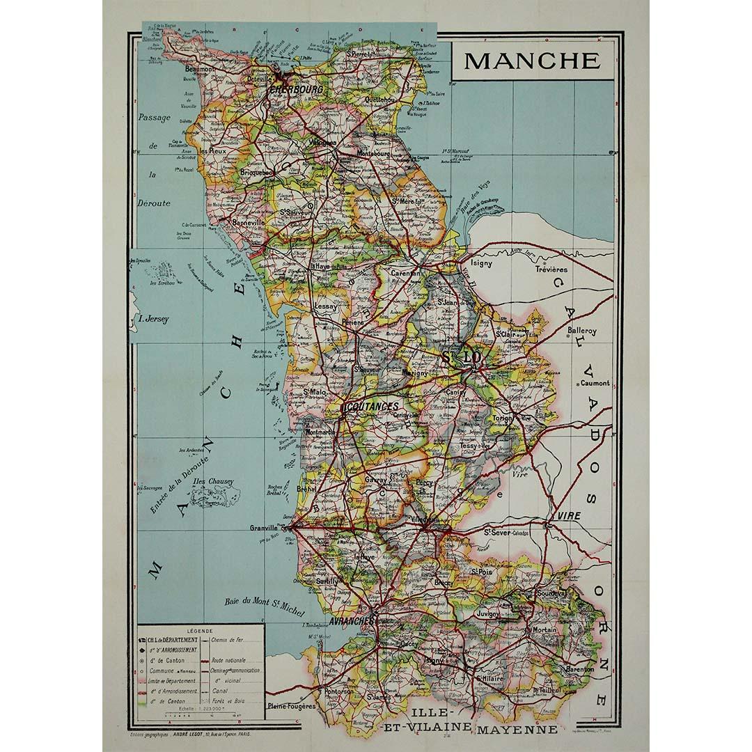 El mapa ilustrado original de André Lesot de 1950 para la "Carte de la Manche" es una pieza significativa que pone de relieve tanto el diseño artístico como la representación geográfica. Creado a mediados del siglo XX, este mapa refleja un periodo
