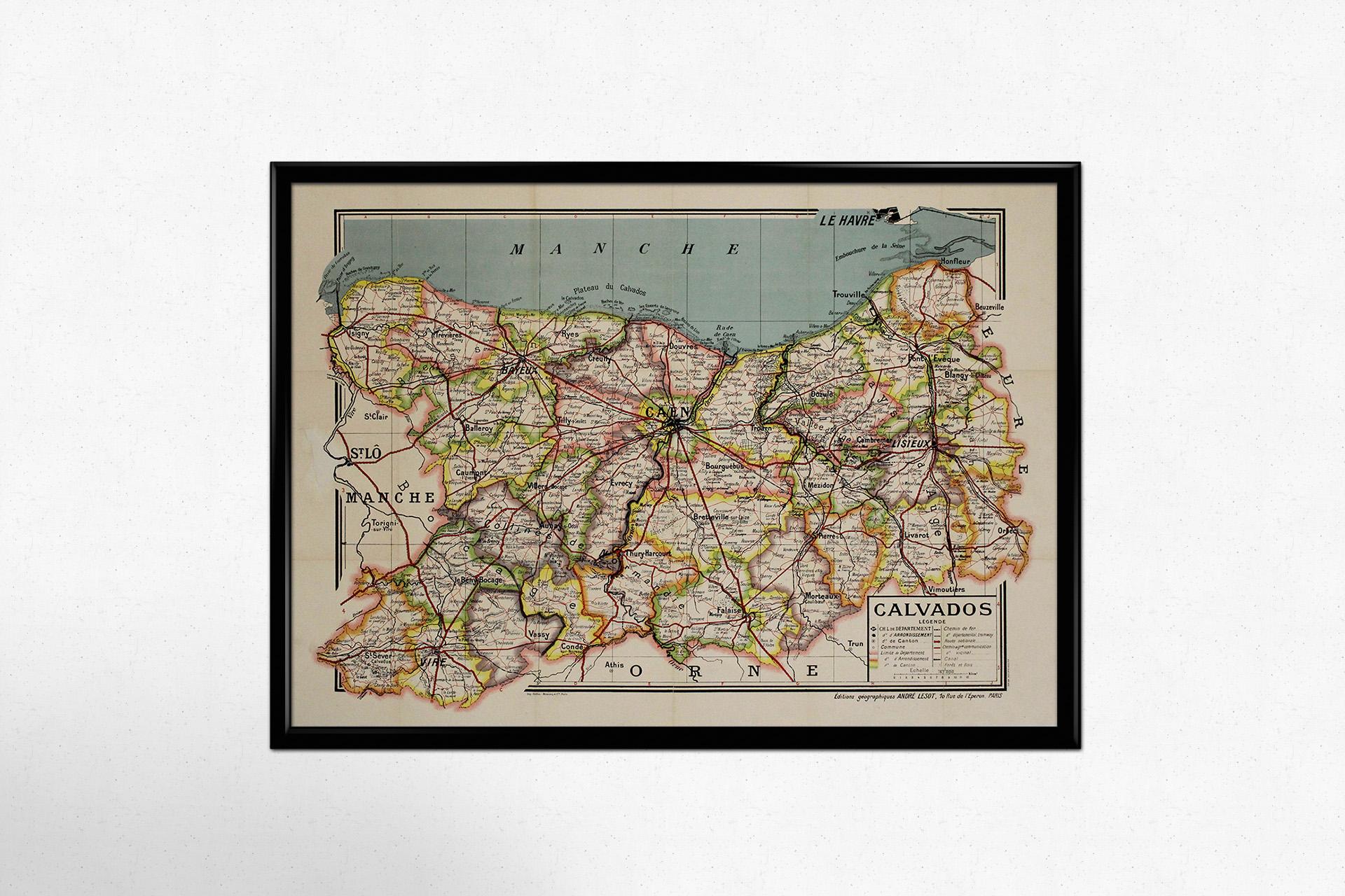Circa 1950 original map poster of Calvados, designed by André Lesot - Normandy For Sale 1