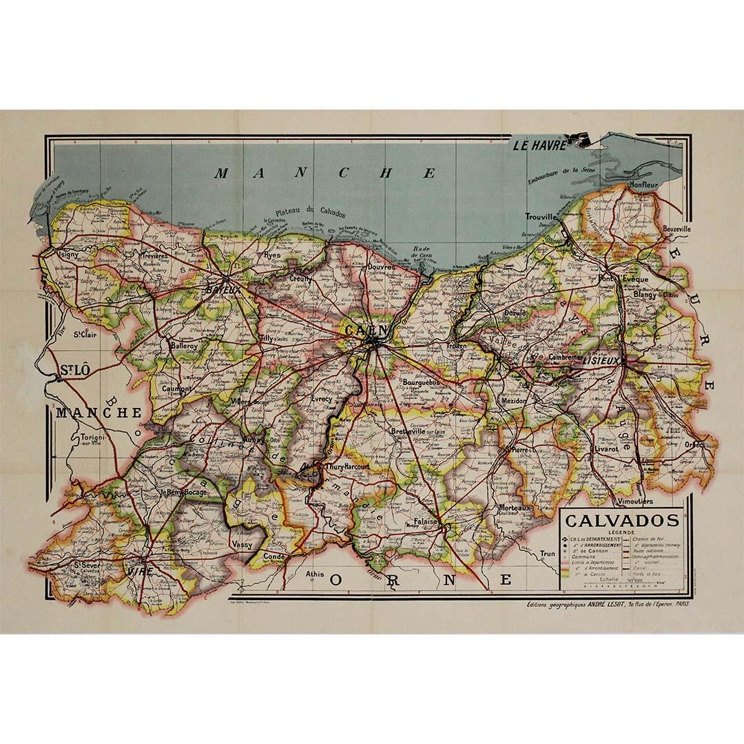 This circa 1950 original map poster of Calvados, designed by André Lesot, is a beautifully detailed representation of this historic region in Normandy, France. Produced by Éditions Géographiques André Lesot, Paris, the map showcases the department’s