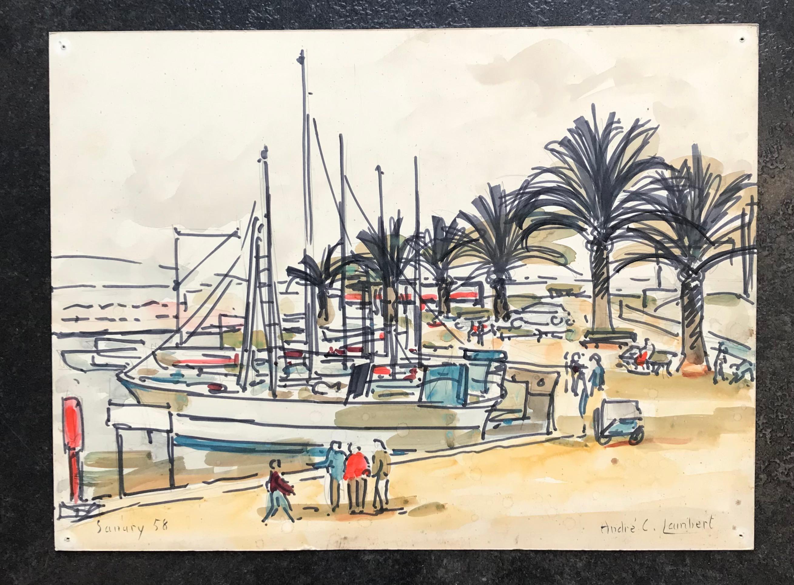 Sanary by André-Louis Lambert - Watercolor on paper 27x39 cm - Painting by André- Louis Lambert
