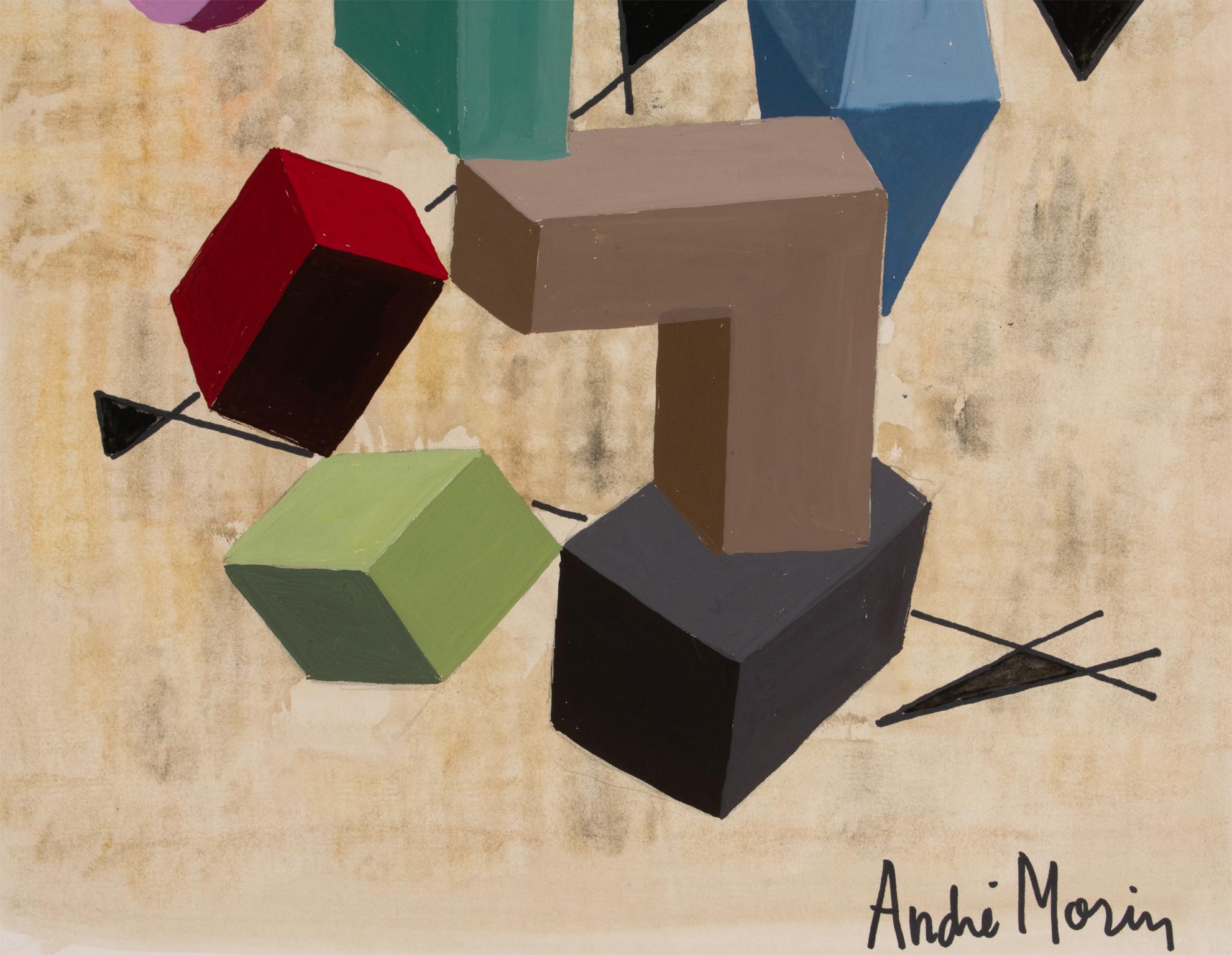 Colorful Geometric Cubist Gouache and Watercolor Painting by André Morin 9