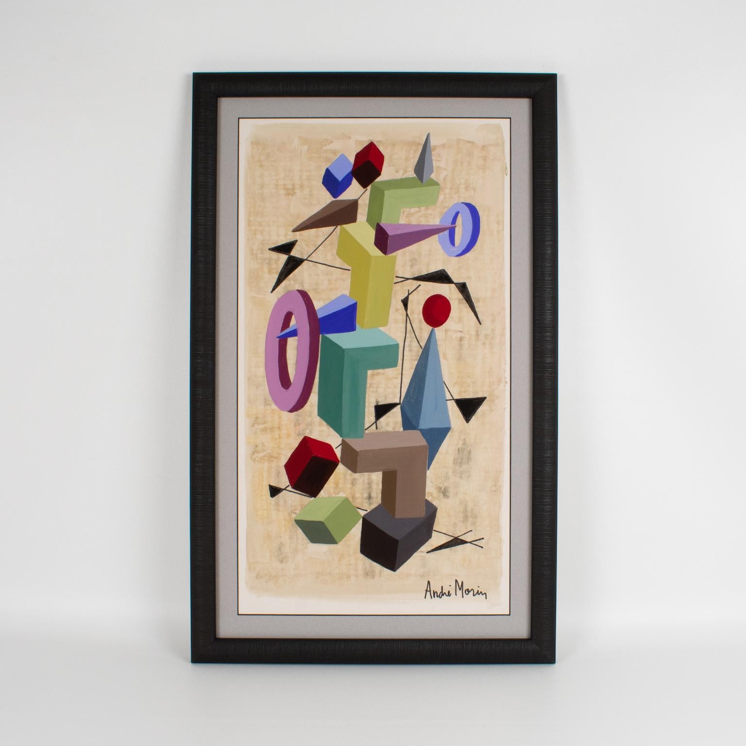Colorful Geometric Cubist Gouache and Watercolor Painting by André Morin 2
