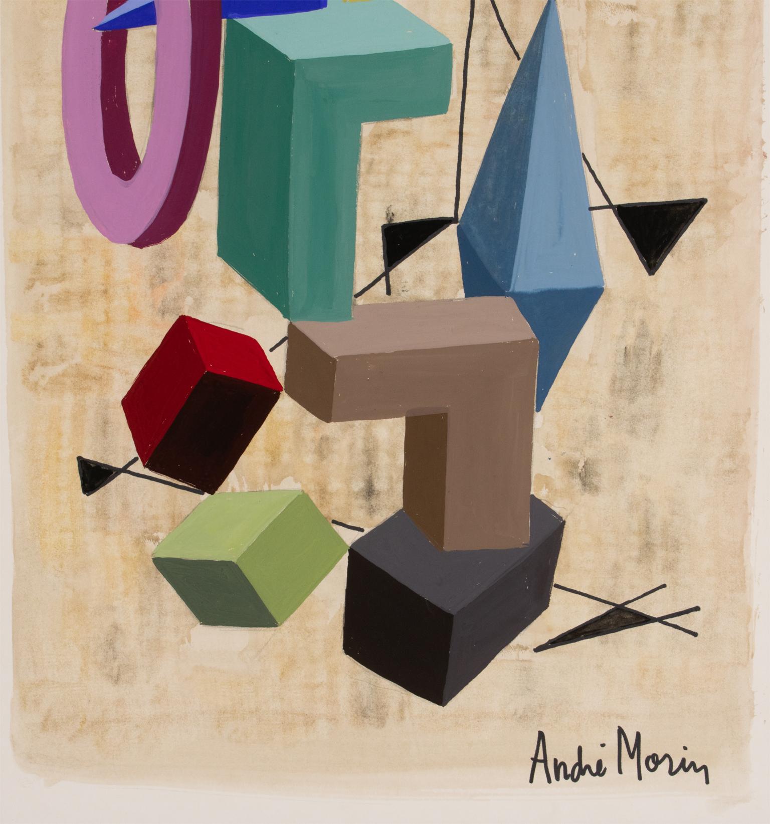 Colorful Geometric Cubist Gouache and Watercolor Painting by André Morin 6