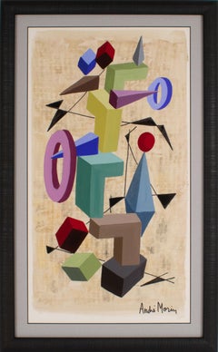 Colorful Geometric Cubist Gouache and Watercolor Painting by André Morin