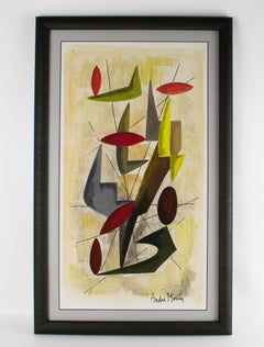 Colorful Gouache Abstract Cubist Composition Painting by André Morin, circa 1970