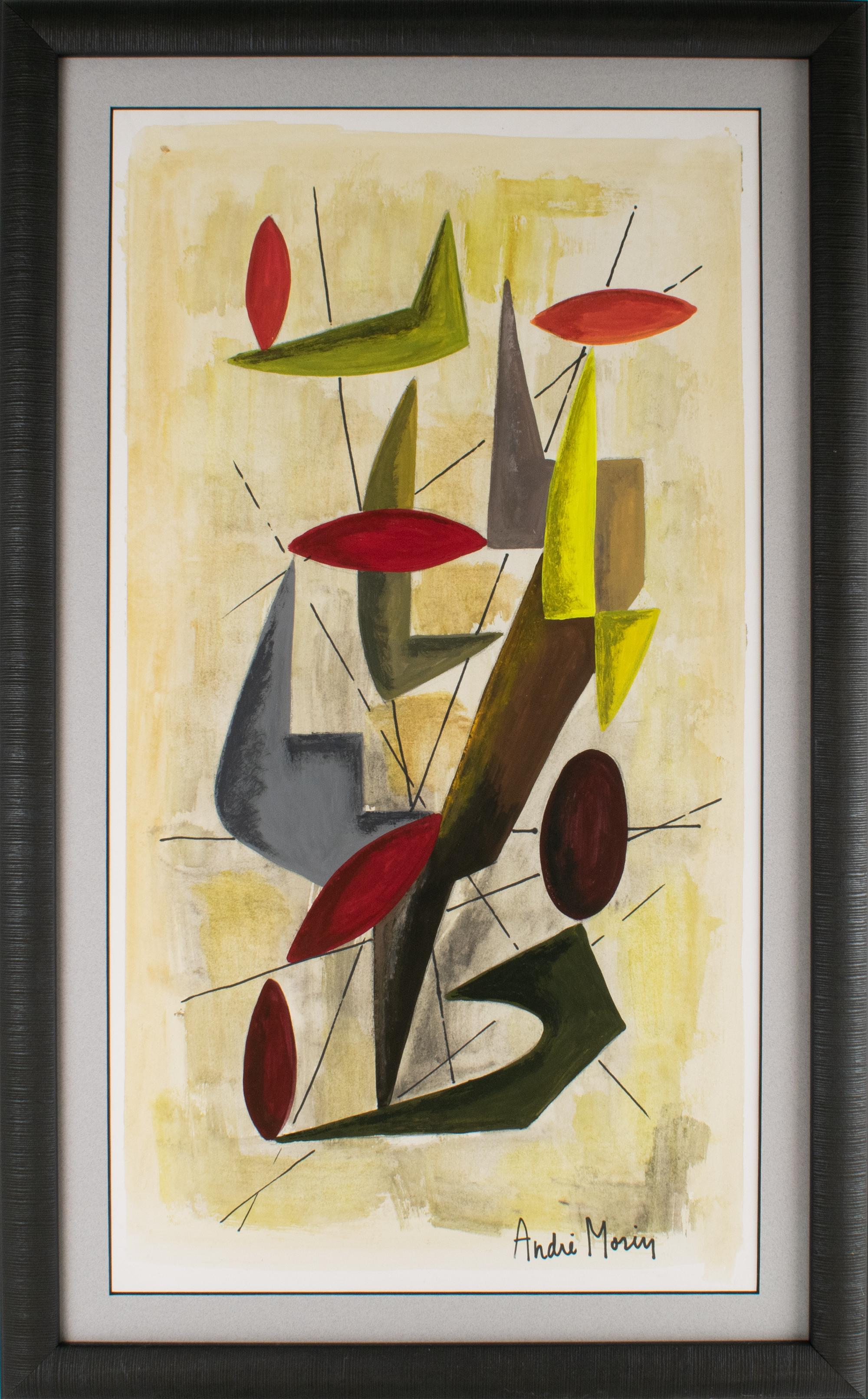 Colorful Gouache Abstract Cubist Composition Painting by André Morin, circa 1970