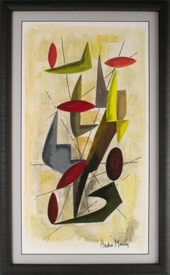 Colorful Gouache Abstract Cubist Composition Painting by André Morin, circa 1970