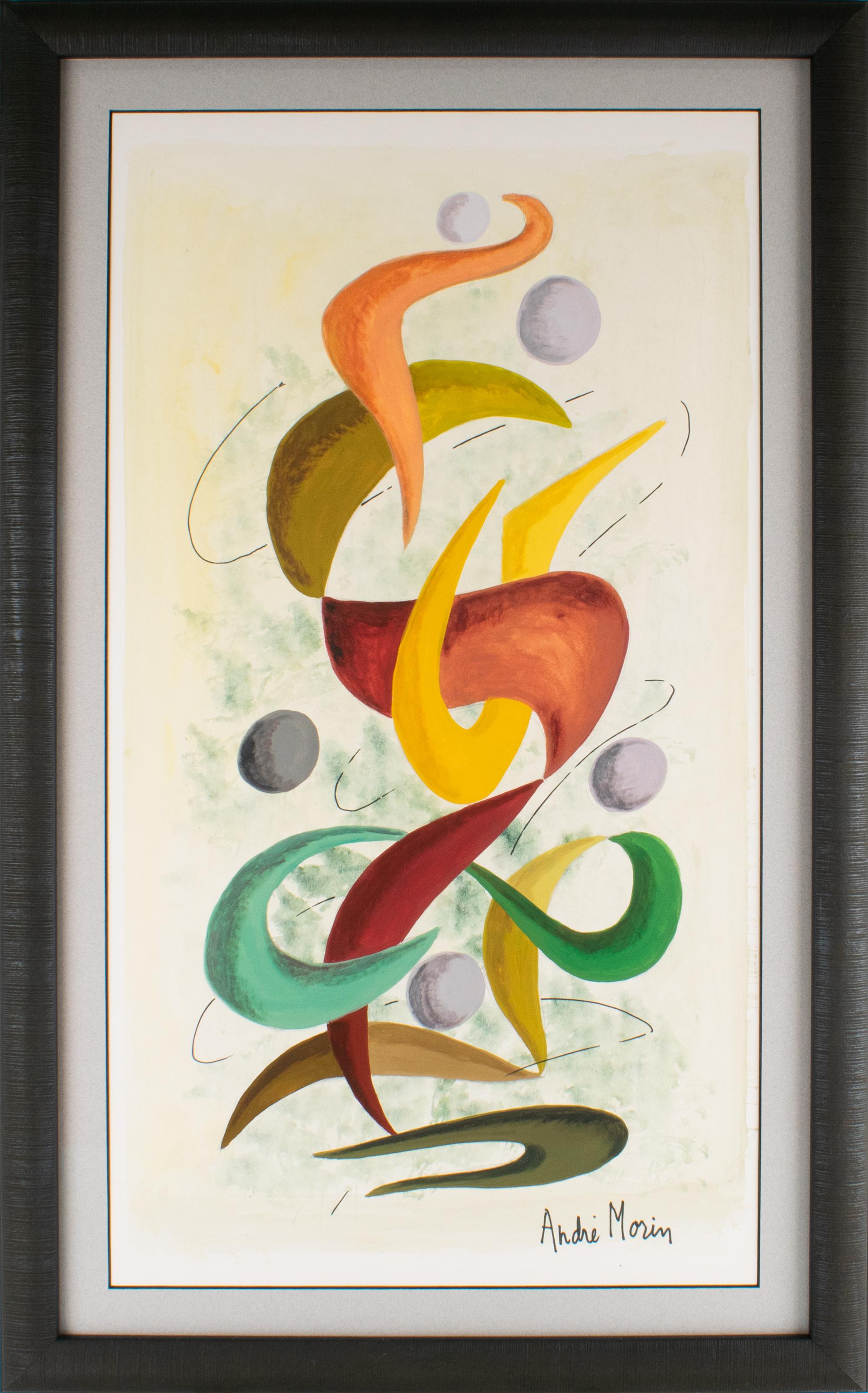 Diese herausragende postkubistische geometrische Komposition von André Morin (Frankreich, 20. Jahrhundert) ist ein dynamisches Werk, das in Gouache und Aquarell ausgeführt wurde und die Beherrschung von Farbe, Form und räumlicher Spannung durch den