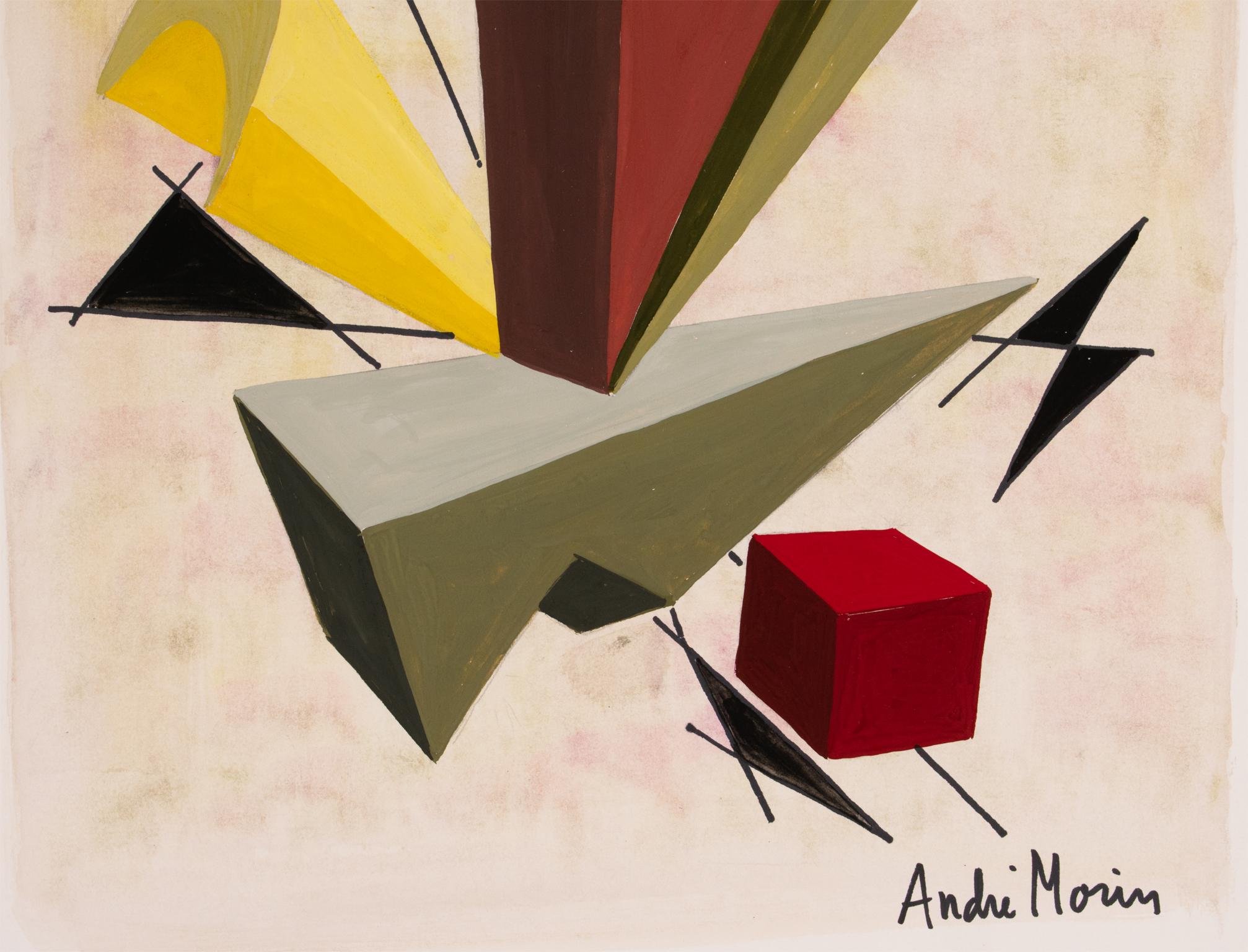 Pintura cubista geométrica multicolor al gouache y acuarela de André Morin en venta 9