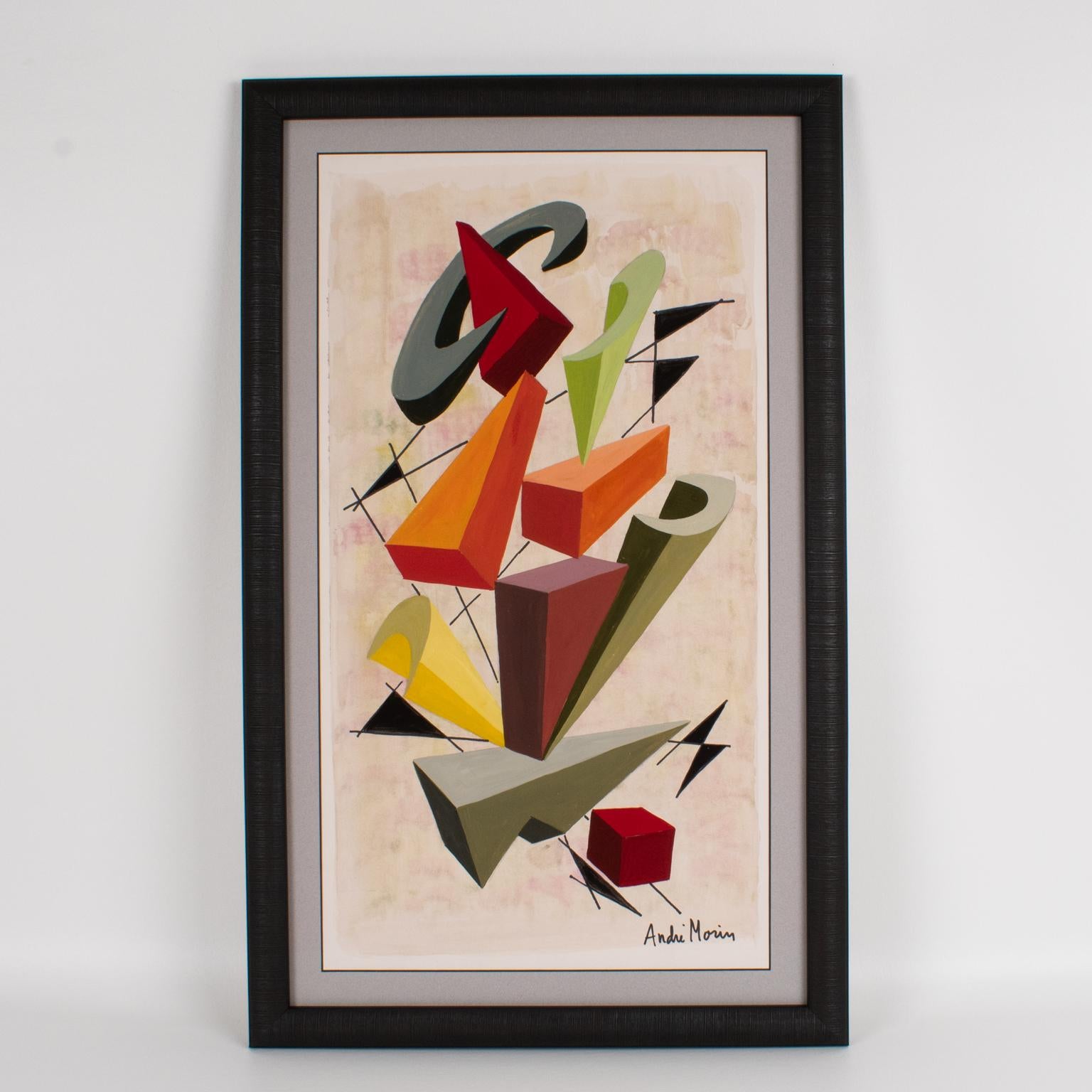 Multicolor Geometric Cubist Gouache and Watercolor Painting by André Morin For Sale 1