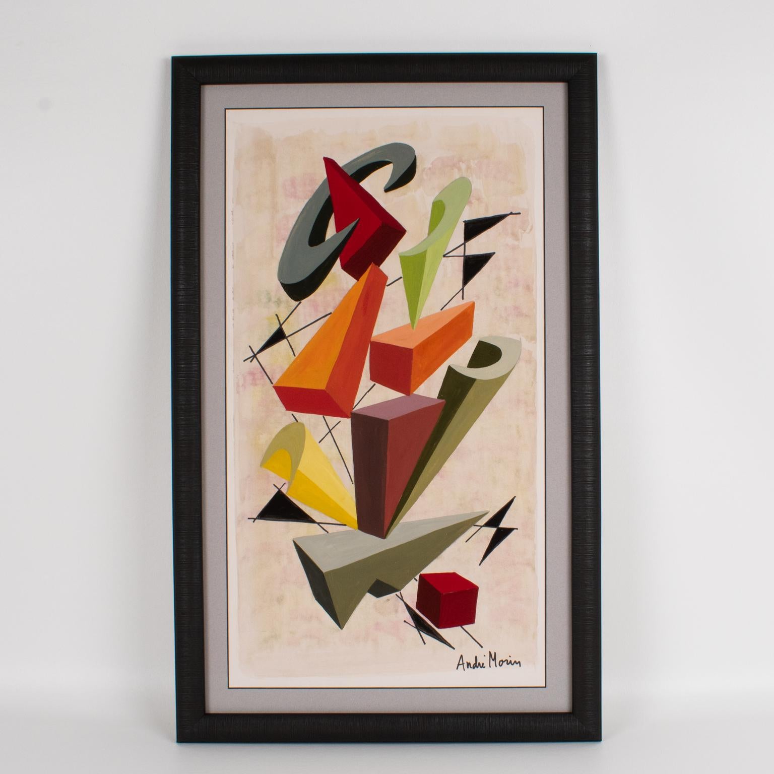 Pintura cubista geométrica multicolor al gouache y acuarela de André Morin en venta 4
