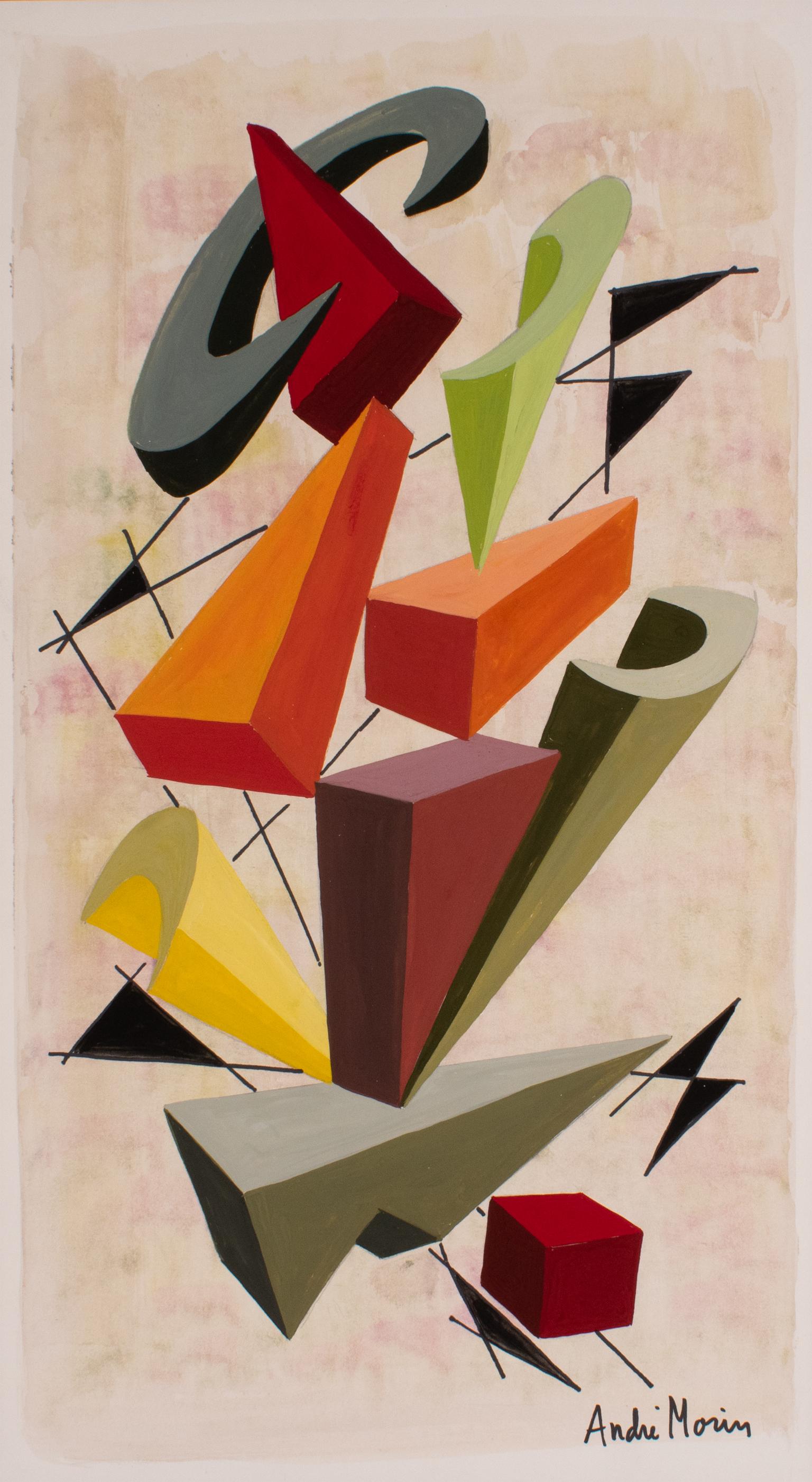 Pintura cubista geométrica multicolor al gouache y acuarela de André Morin en venta 6