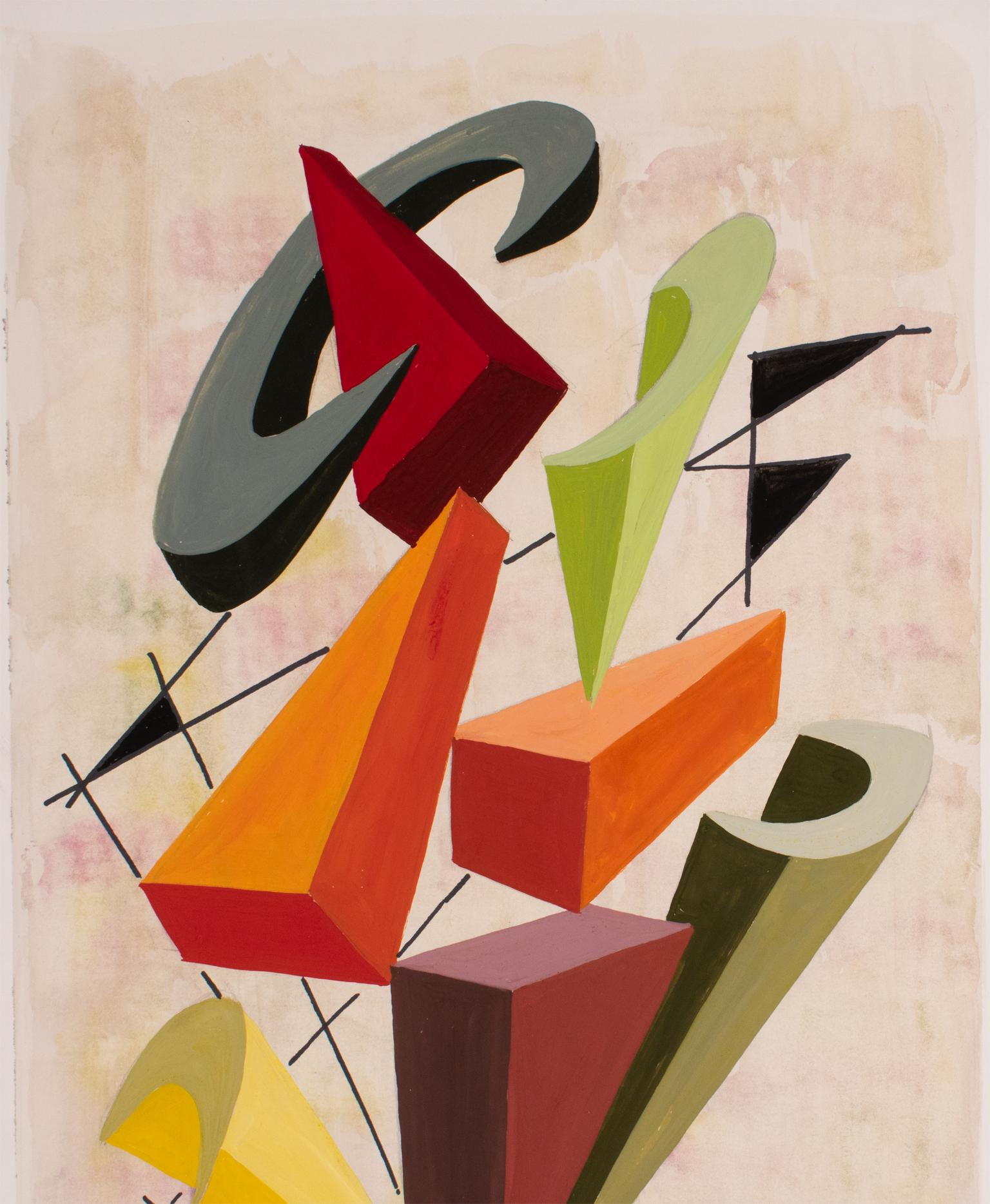 Pintura cubista geométrica multicolor al gouache y acuarela de André Morin en venta 7