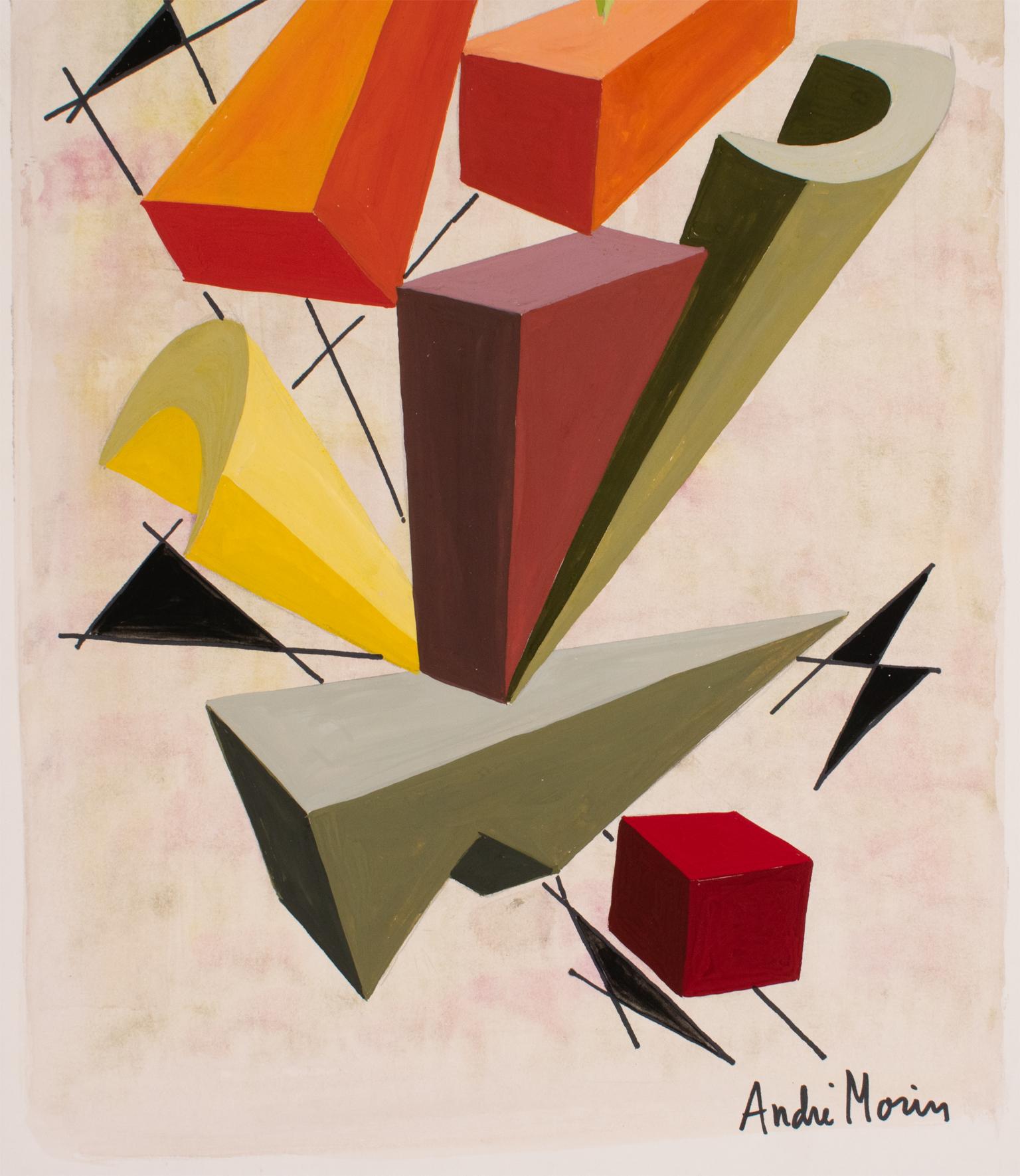 Pintura cubista geométrica multicolor al gouache y acuarela de André Morin en venta 8