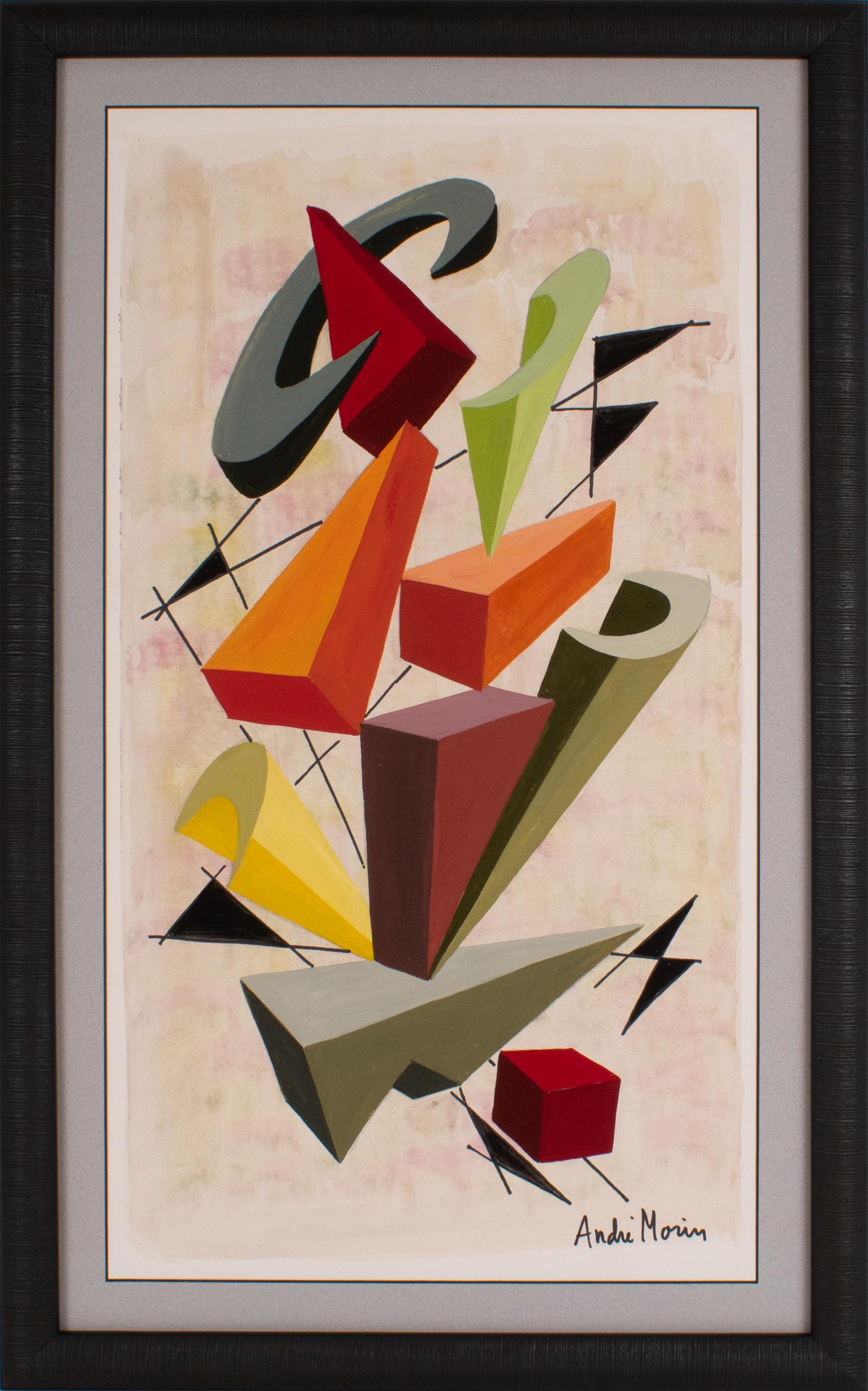Peinture cubiste géométrique multicolore à la gouache et à l'aquarelle d'André Morin