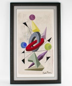 Peinture abstraite cubiste à la gouache multicolore d'André Morin