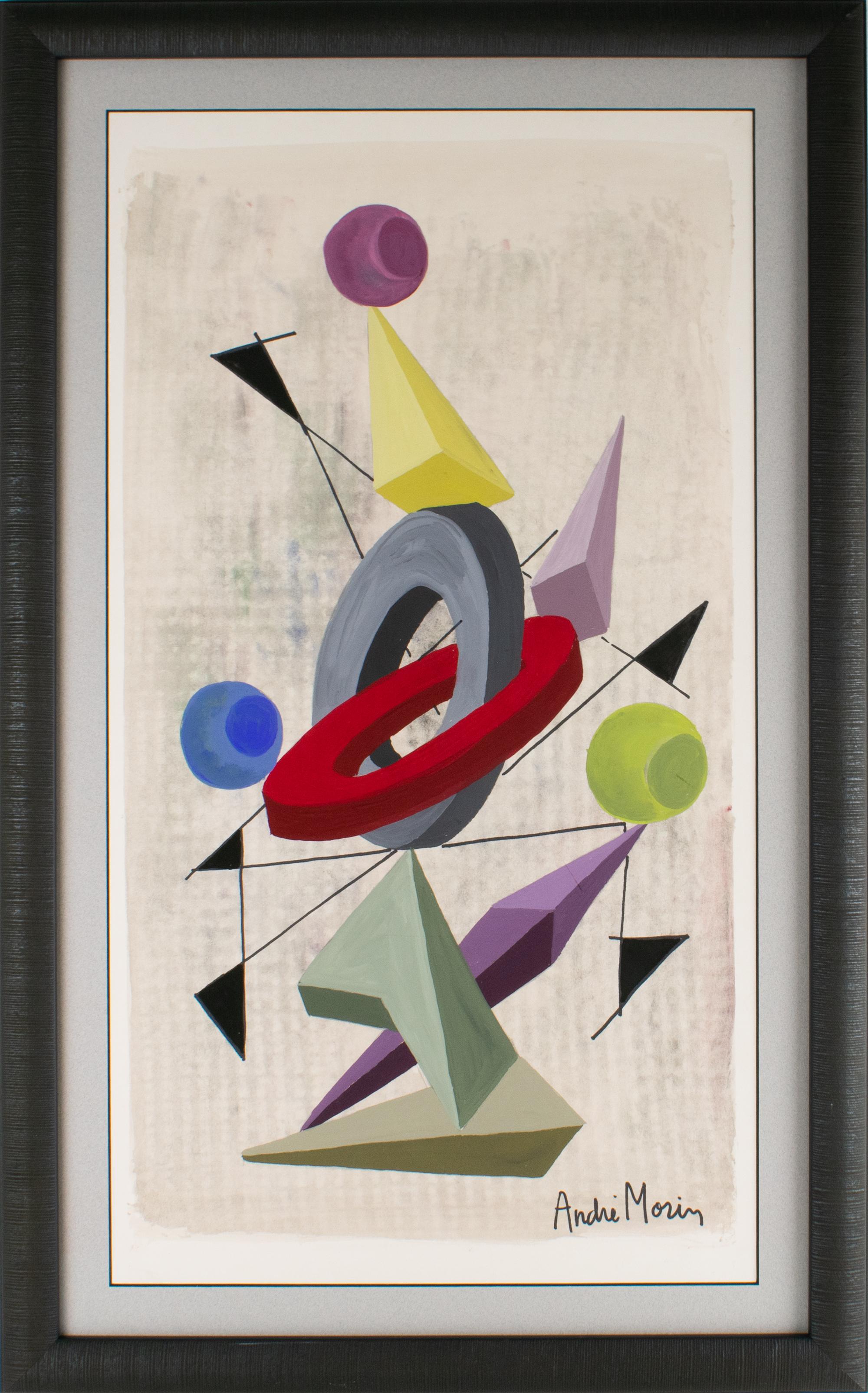 An outstanding post‑cubist geometric composition by André Morin (France, 20th Century), this dynamic work—executed in gouache and watercolor—showcases the artist's command of color, form, and spatial tension. Signed at the lower right, André