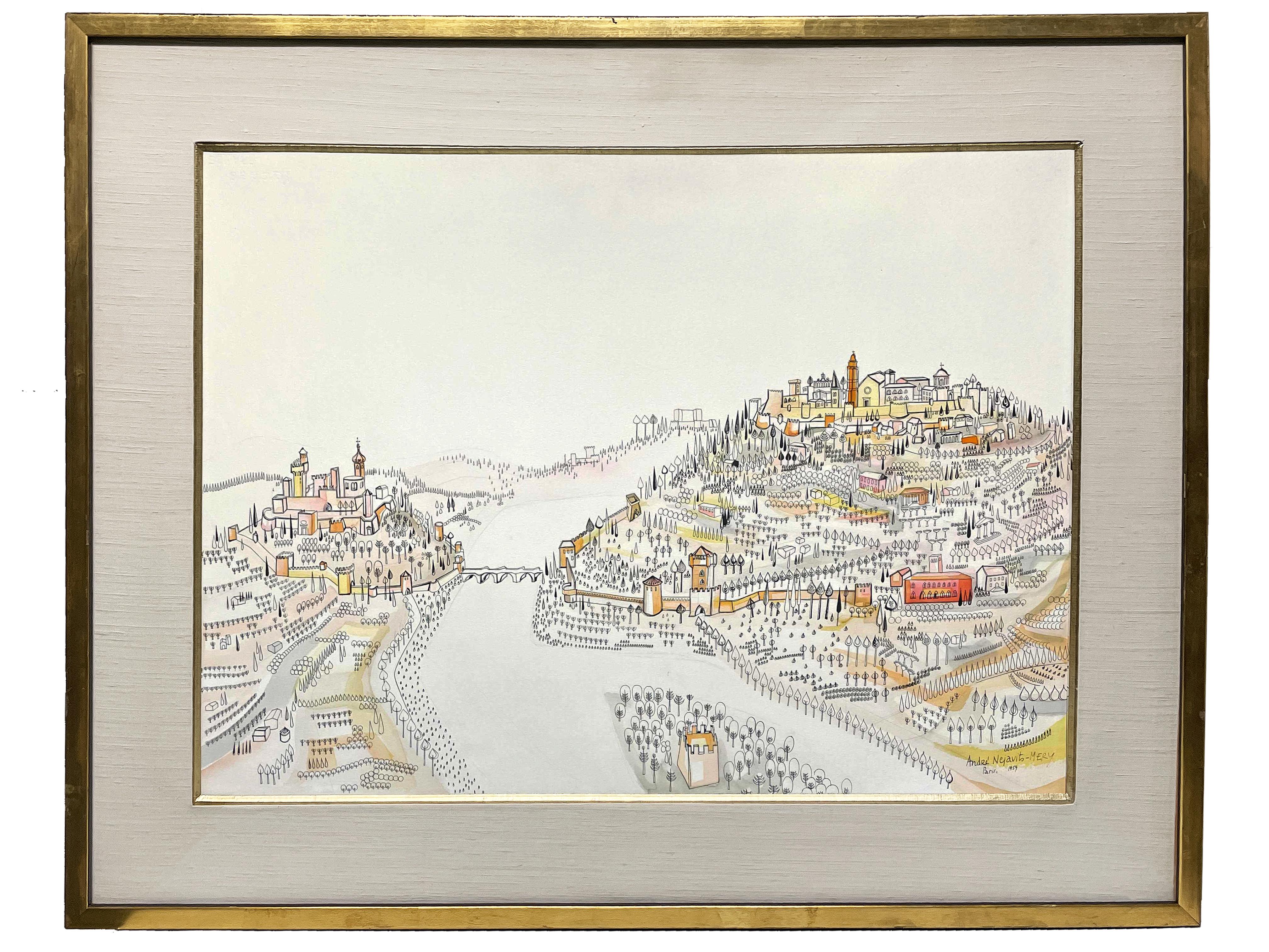 Une grande aquarelle détaillée d'un château et d'un village par André Nejavits-Mery, datée de 1959 sur papier Arches.  Taille de l'œuvre :  21 3/4