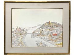 Großes & detailliertes Aquarell eines Schlosses & Dorfes von André Nejavits-Mery