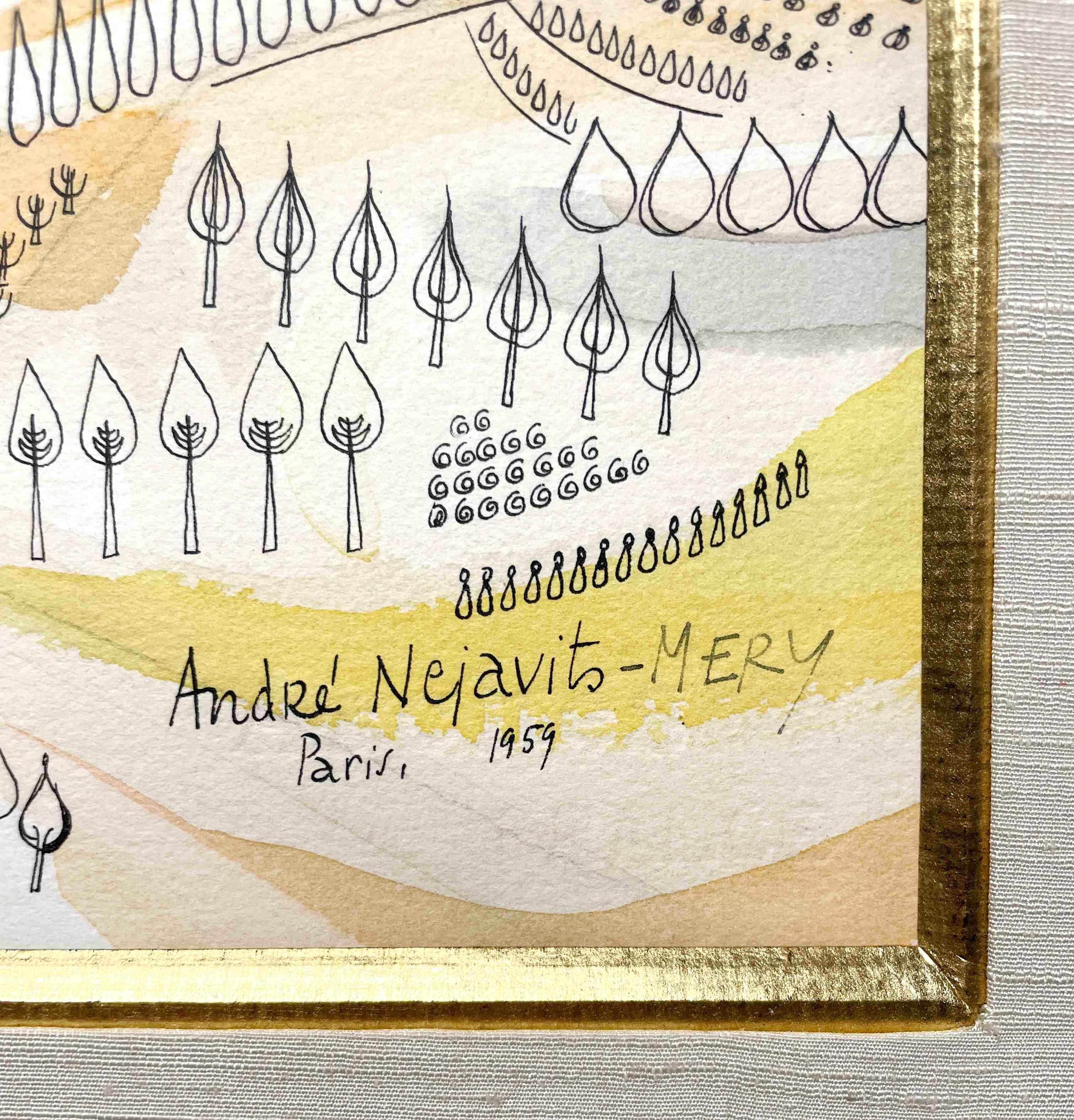 Grande aquarelle détaillée d'un château et d'un village par André Nejavits-Mery en vente 3