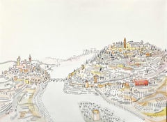 Large & Detailed Watercolor of a Castle & Village by André Nejavits-Mery