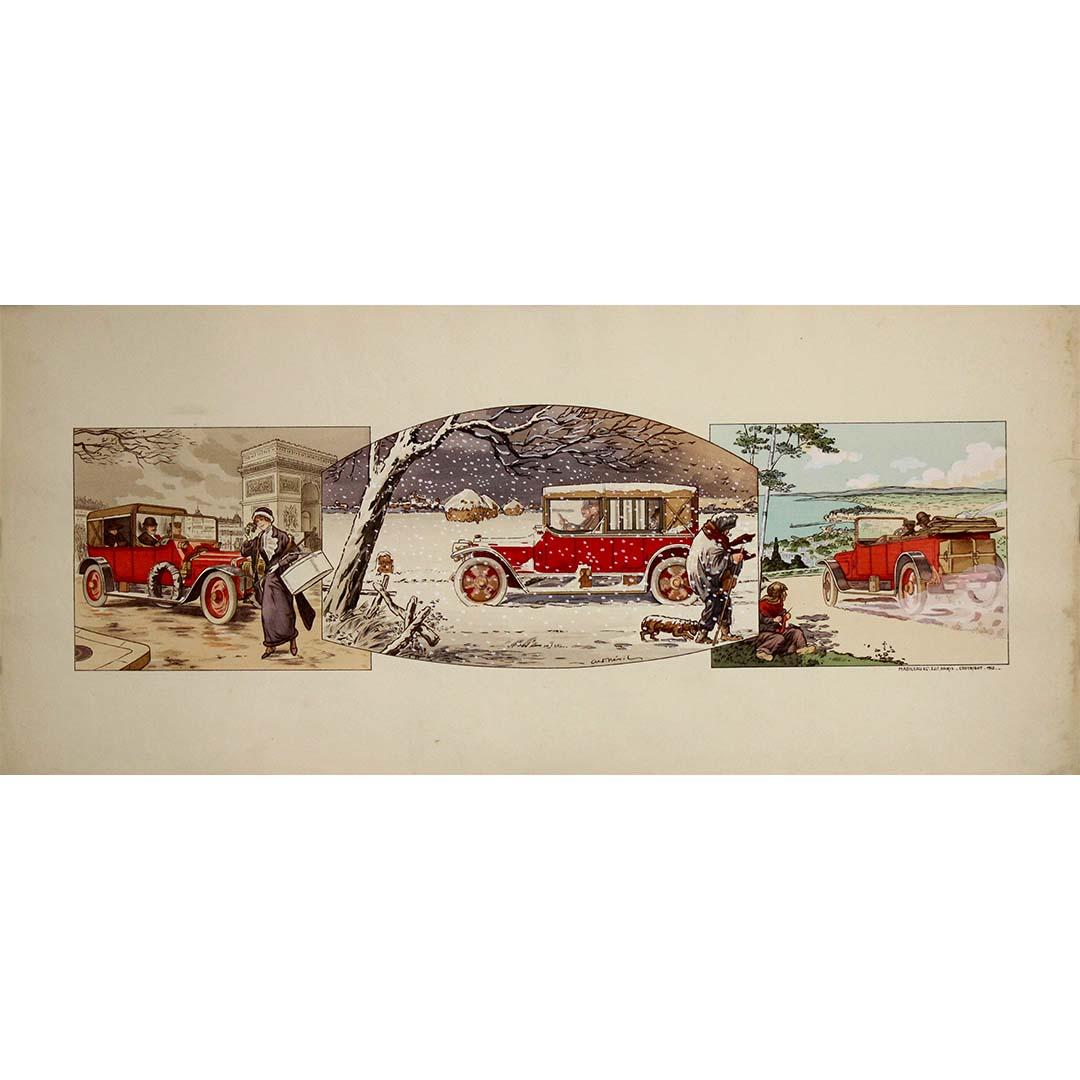 This rare 1912 original poster by André Nevil is a refined and charming example of early automotive advertising, celebrating the elegance and versatility of the “torpédo” automobile equipped with the innovative capote Janko (convertible hood