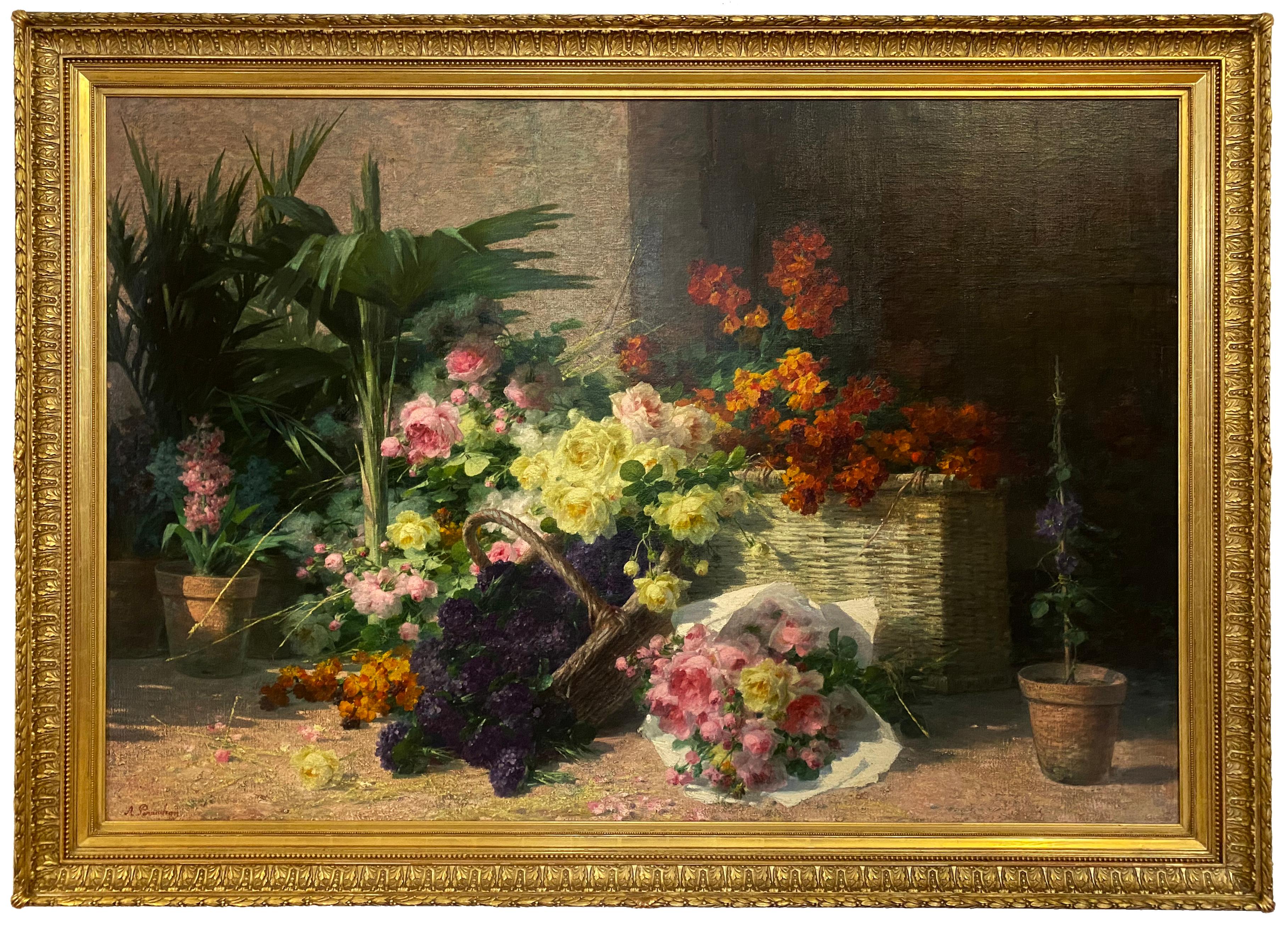 At the Market, Flowers - Painting by André Perrachon