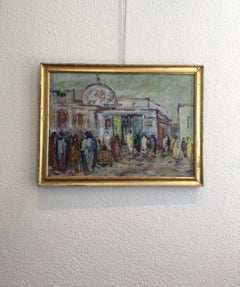 Impressionist Oil and Gouache: Figures in Front of the Mosque