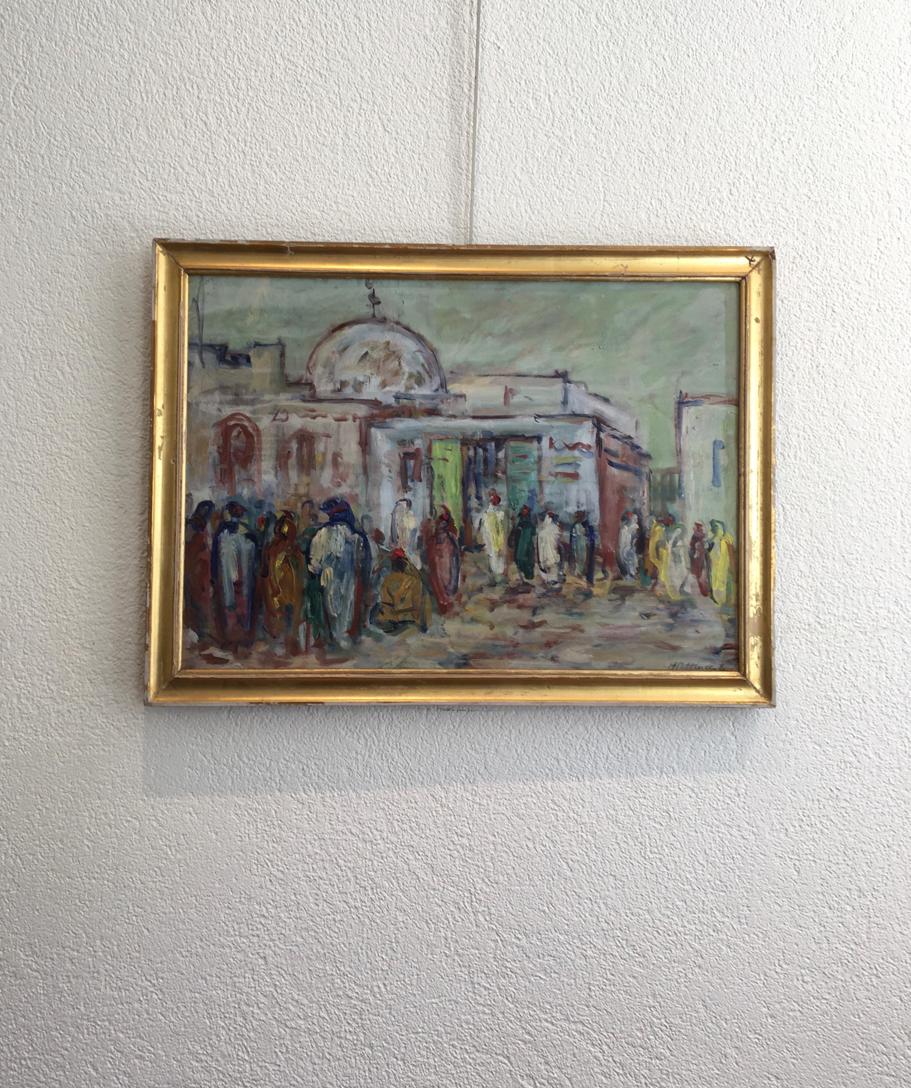 Figures in front of the mosque - Painting by André Petttiperoli