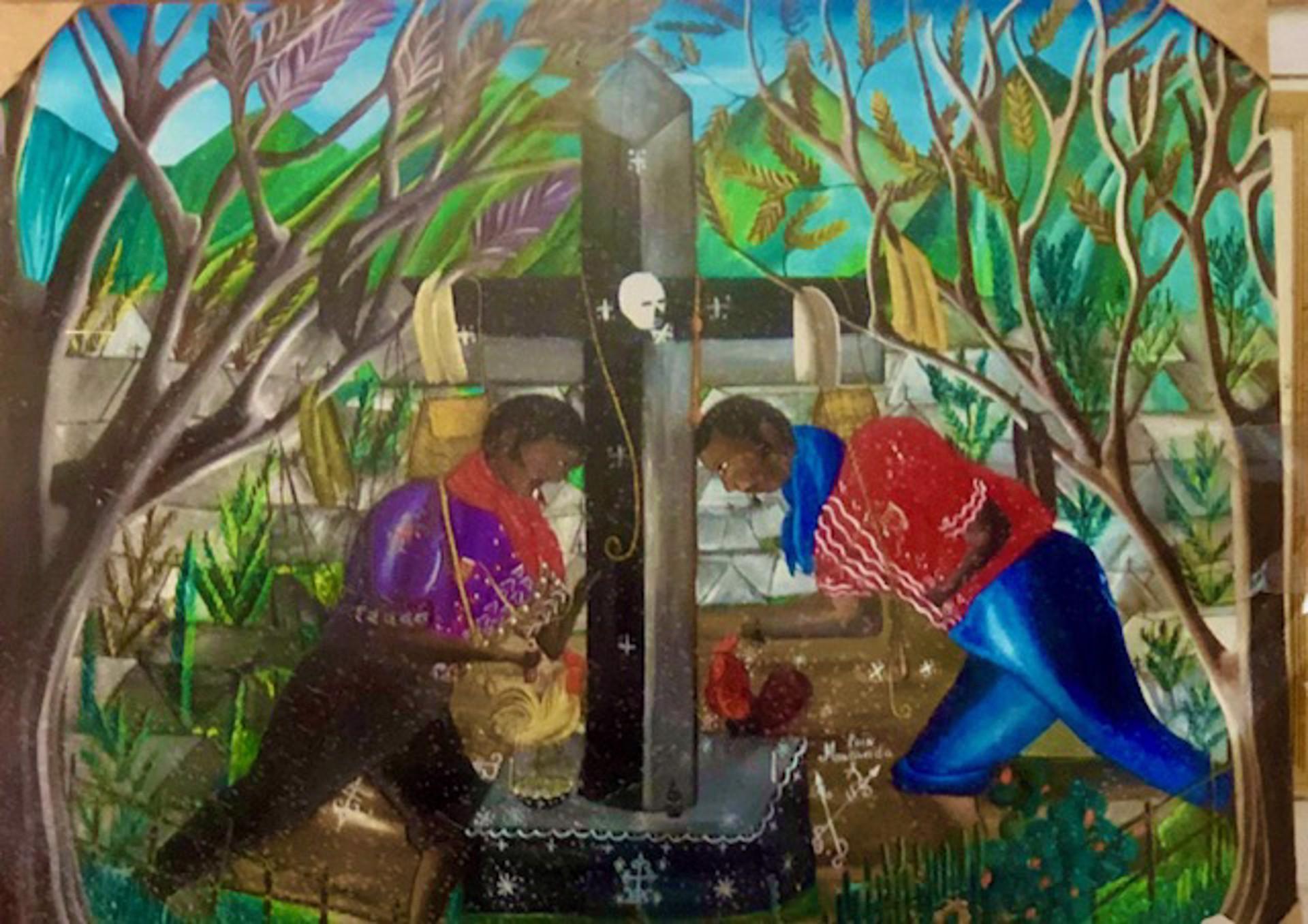 Voodoo Ceremony at Cemetery - Original Haitian Painting - Art by André Pierre