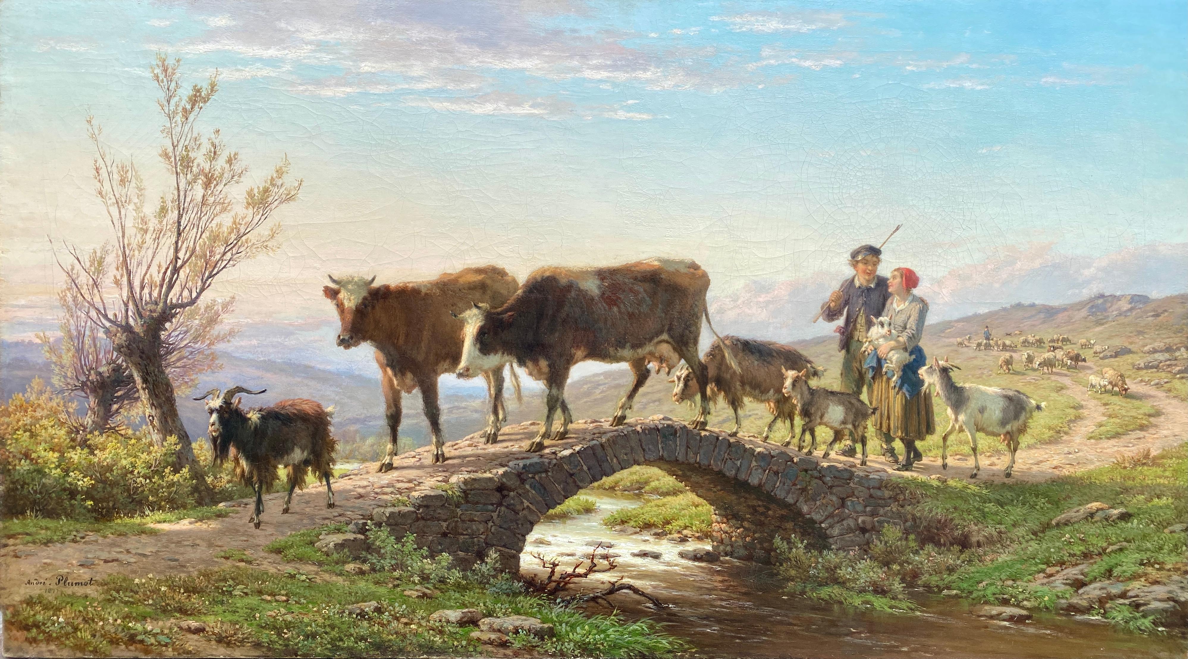 André Plumot, 1829 - 1906, Couple de bergers avec troupeau dans un paysage fluvial