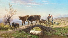 André Plumot, 1829 – 1906, Shepherds Couple with Herd in a River Landscape