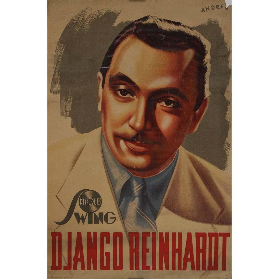 This rare original 1941 poster by the French illustrator André pays tribute to one of the greatest musical geniuses of the 20th century: Django Reinhardt. Created for Disques Swing, France’s premier jazz label of the era, the poster showcases a