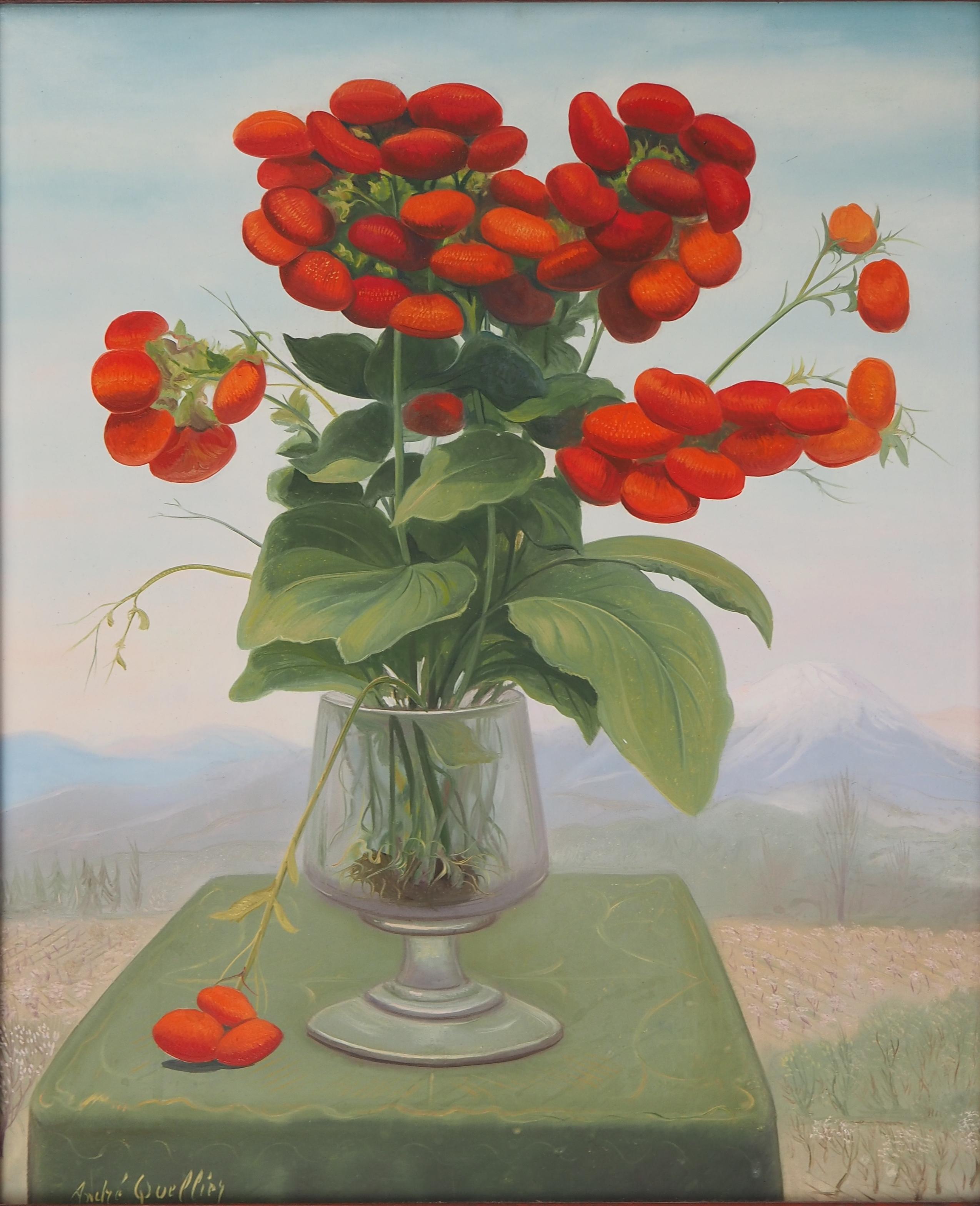 Fiori rossi: la Calceolaria - Pittura ad olio originale, firmata - Painting Moderno di André Quellier