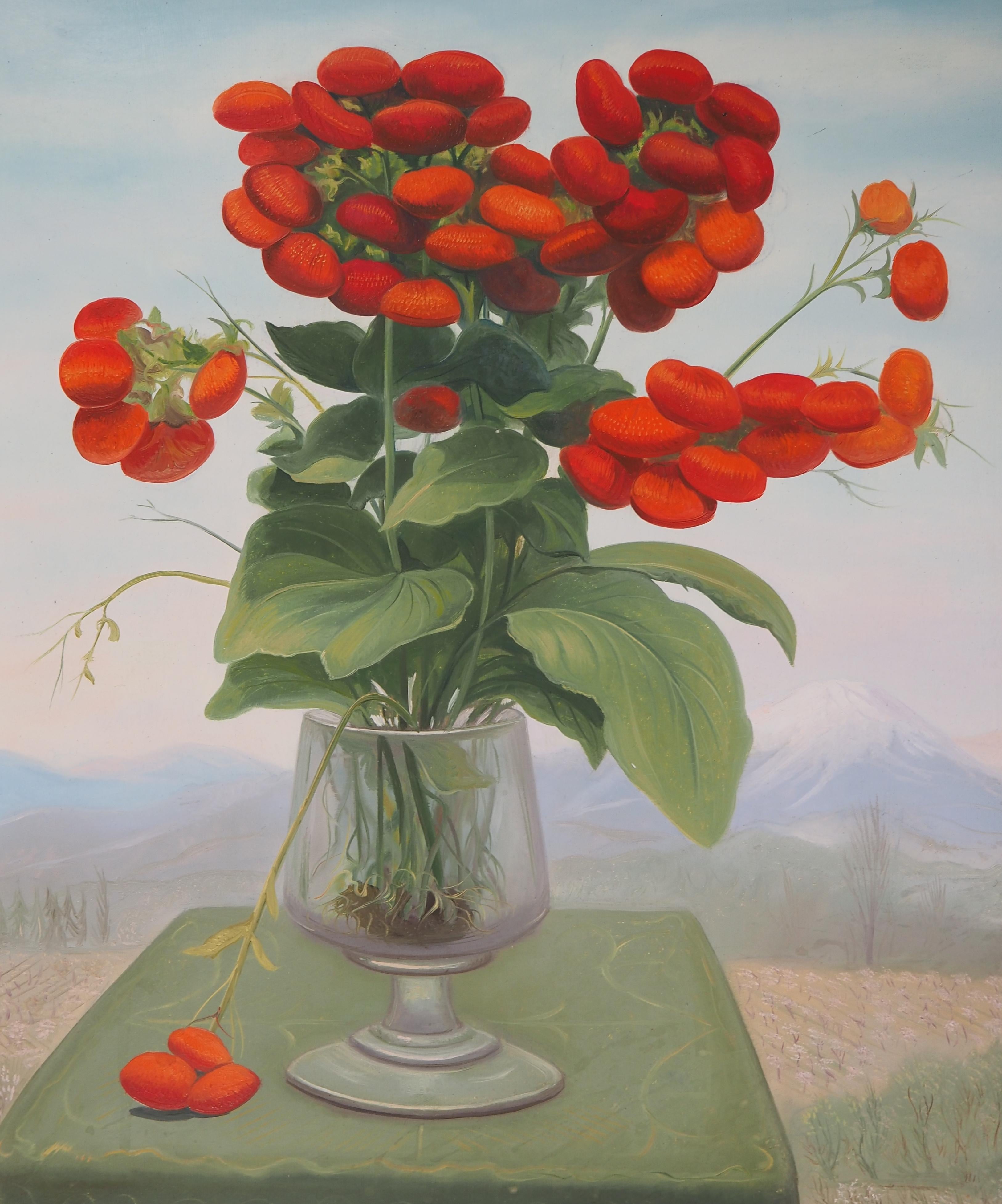 André Quellier (1925-2010)
Fiori rossi: la Calceolaria, 1992

Pittura a olio originale su pannello
Firmato in basso a sinistra
Su pannello 48 x 36 cm a vista (circa 19 x 14 pollici)
Presentato in una cornice in legno dorato 61 x 54 cm (c. 24 x 21