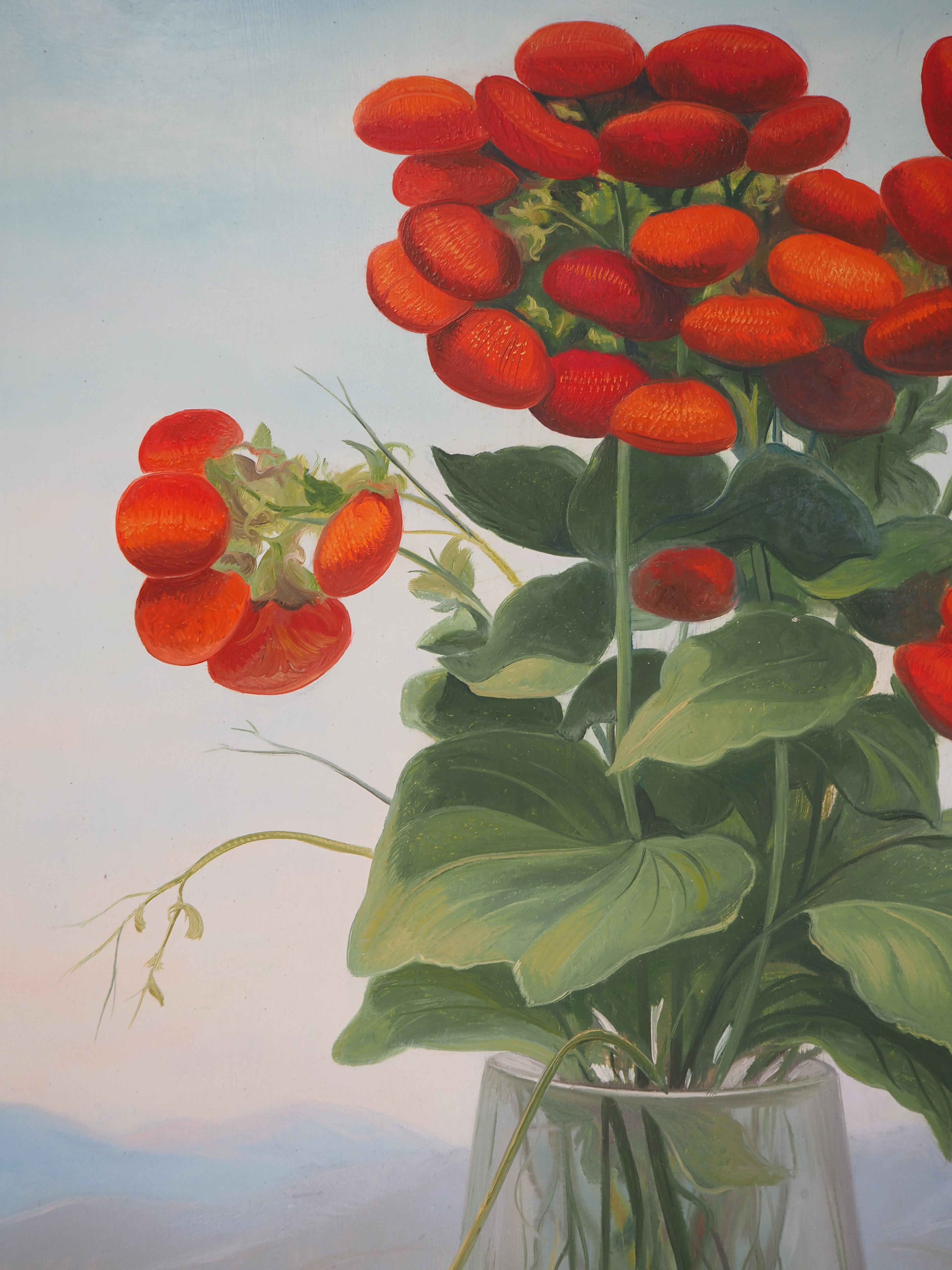 Fiori rossi: la Calceolaria - Pittura ad olio originale, firmata 1