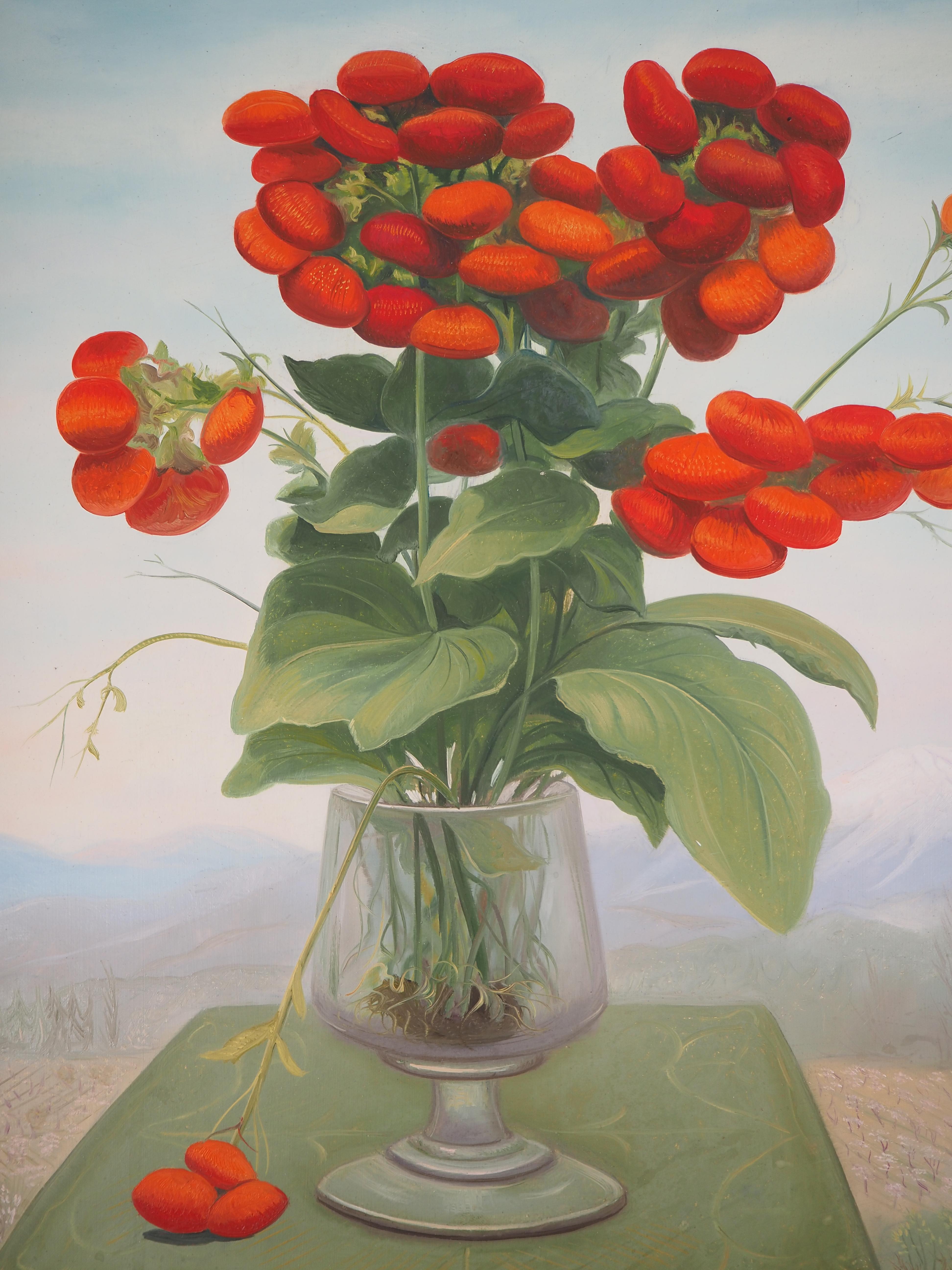 Fiori rossi: la Calceolaria - Pittura ad olio originale, firmata 3
