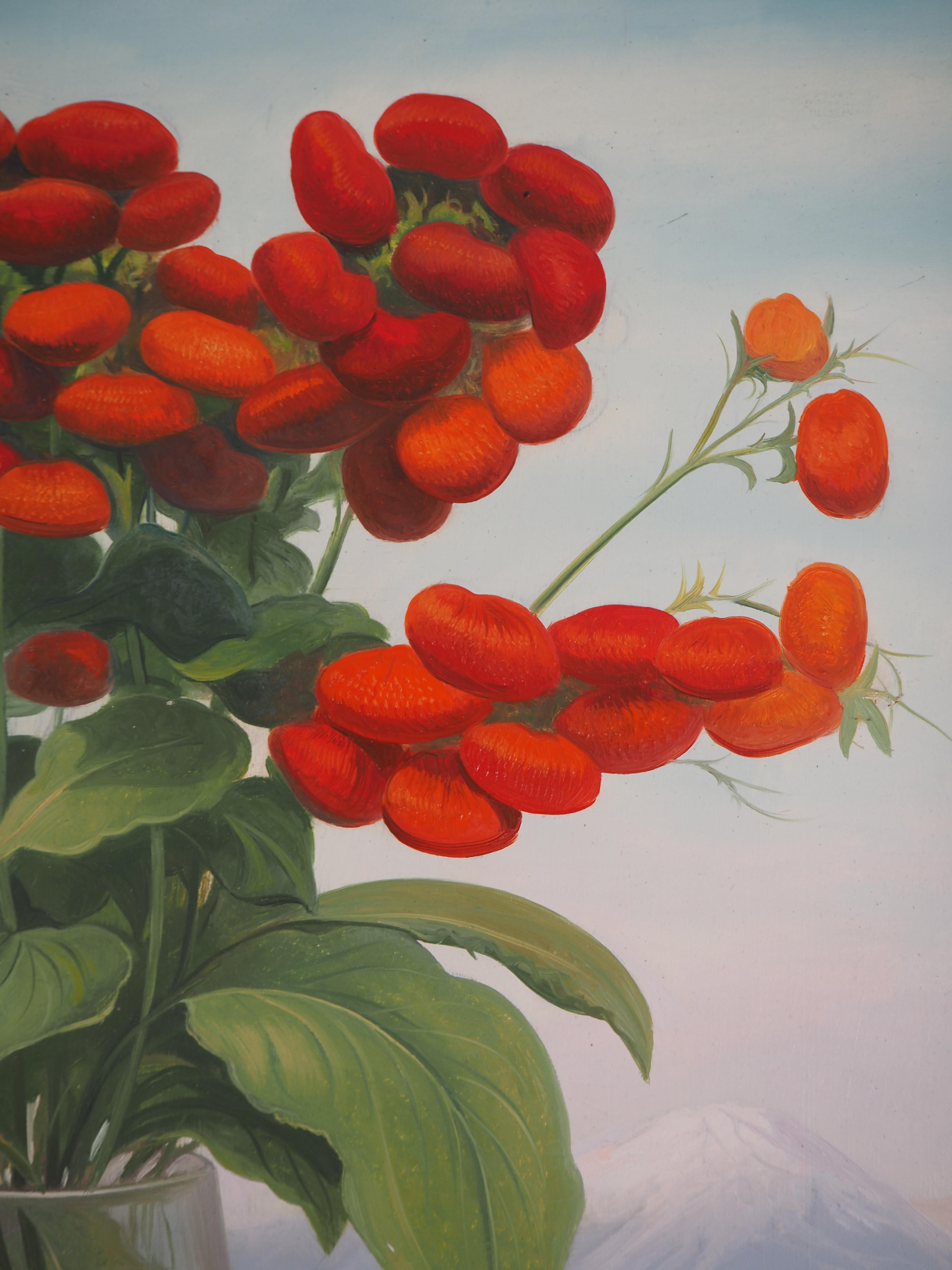 Fiori rossi: la Calceolaria - Pittura ad olio originale, firmata 4