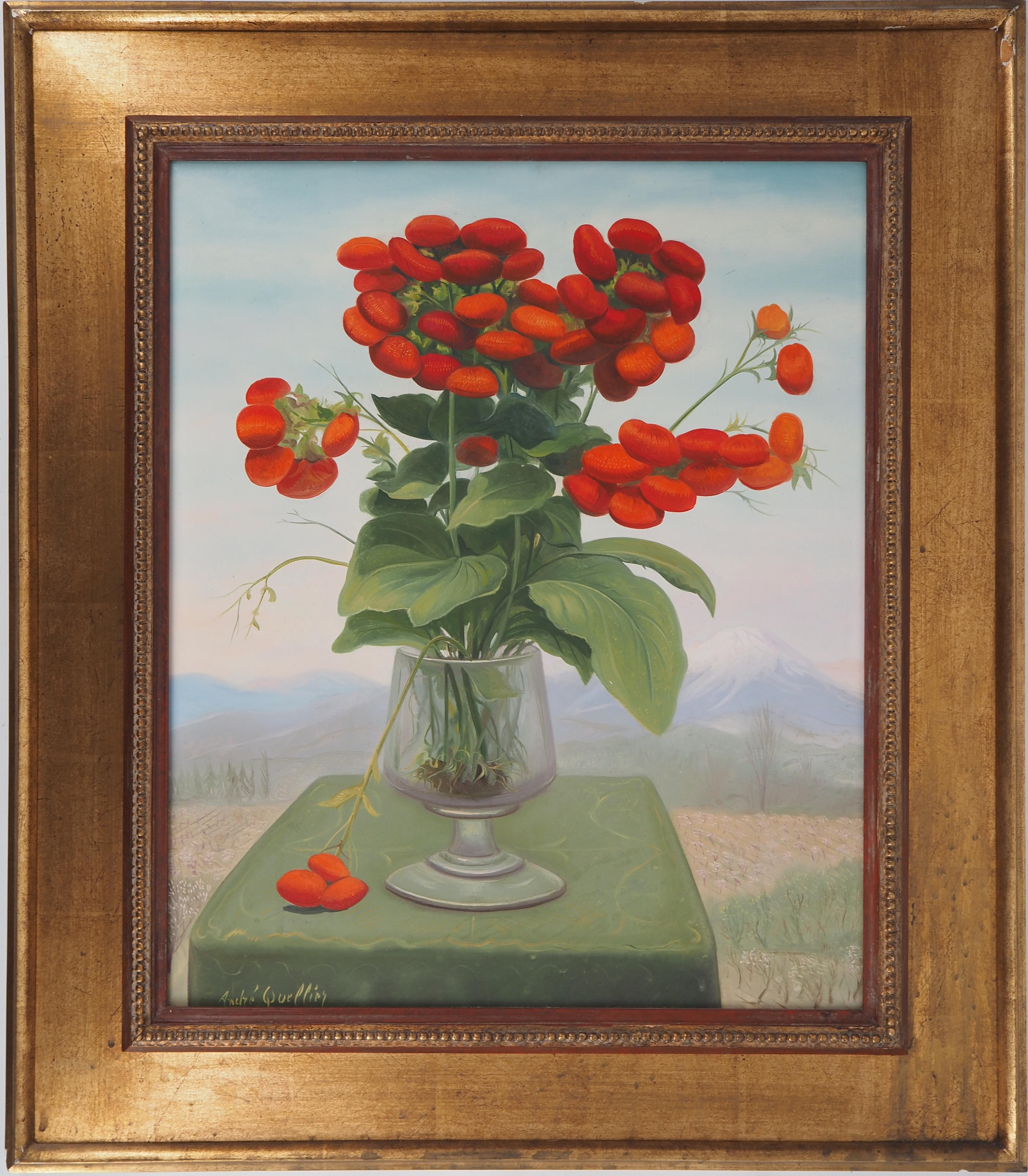 Figurative Painting di André Quellier - Fiori rossi: la Calceolaria - Pittura ad olio originale, firmata