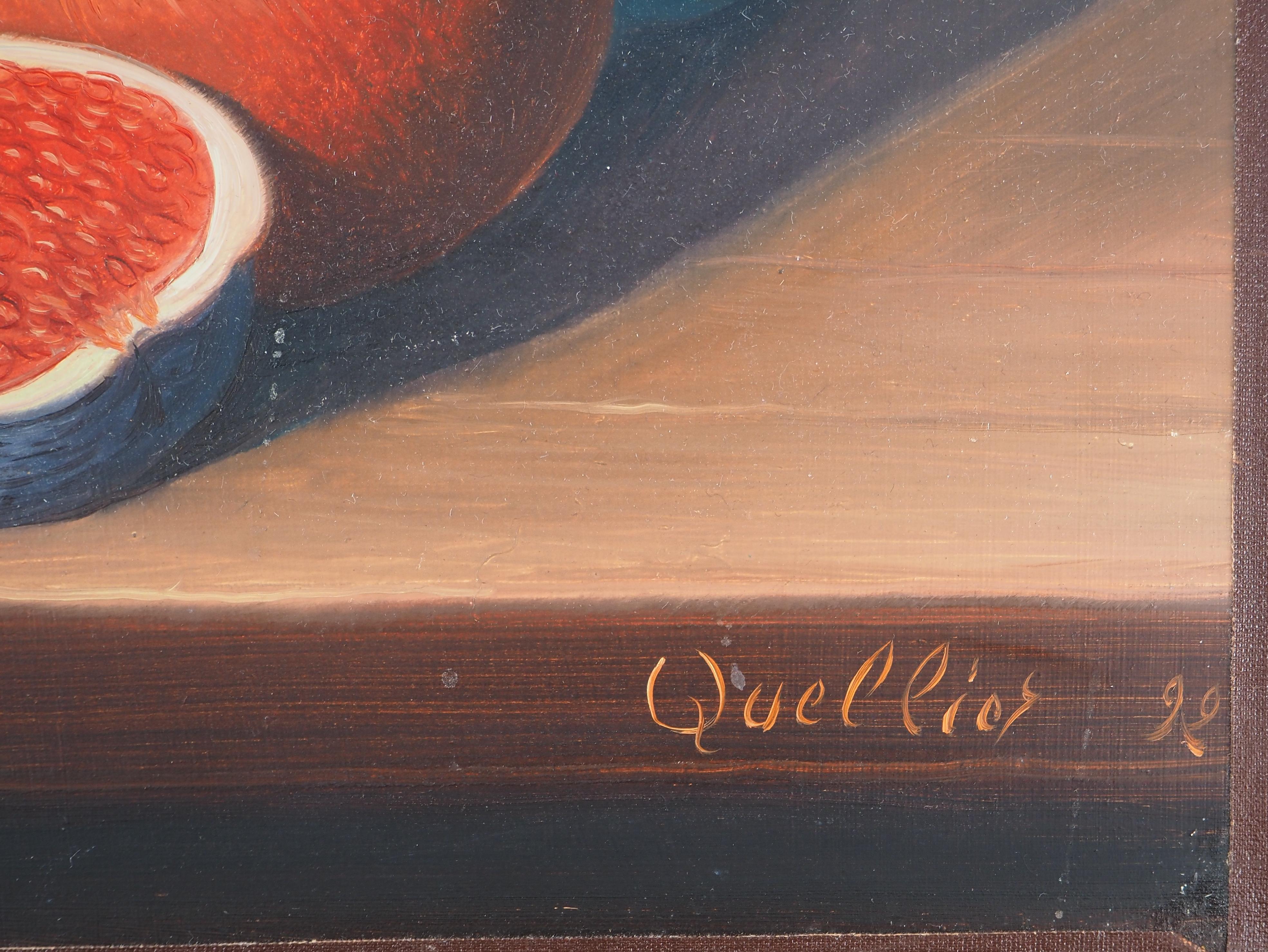 André Quellier (1925-2010)
Still life with Fruits and Leaves, 1992

Original Oil Painting on panel
Signed bottom right
On panel 61 x 50 cm (c. 24 x 20 in)

Very good condition, small surface defects