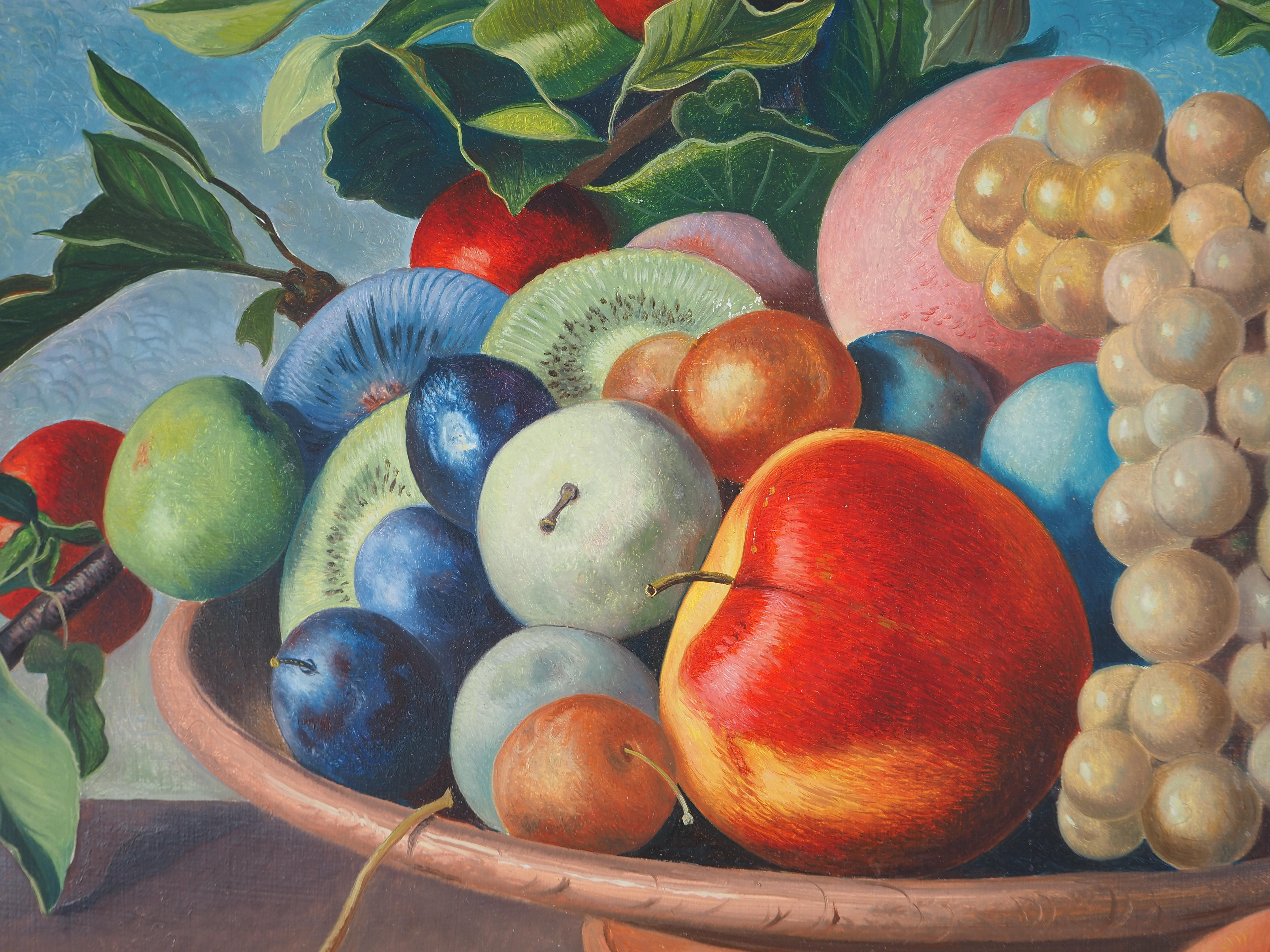 Still life with Fruits and Leaves - Original Oil Painting, Signed For Sale 2