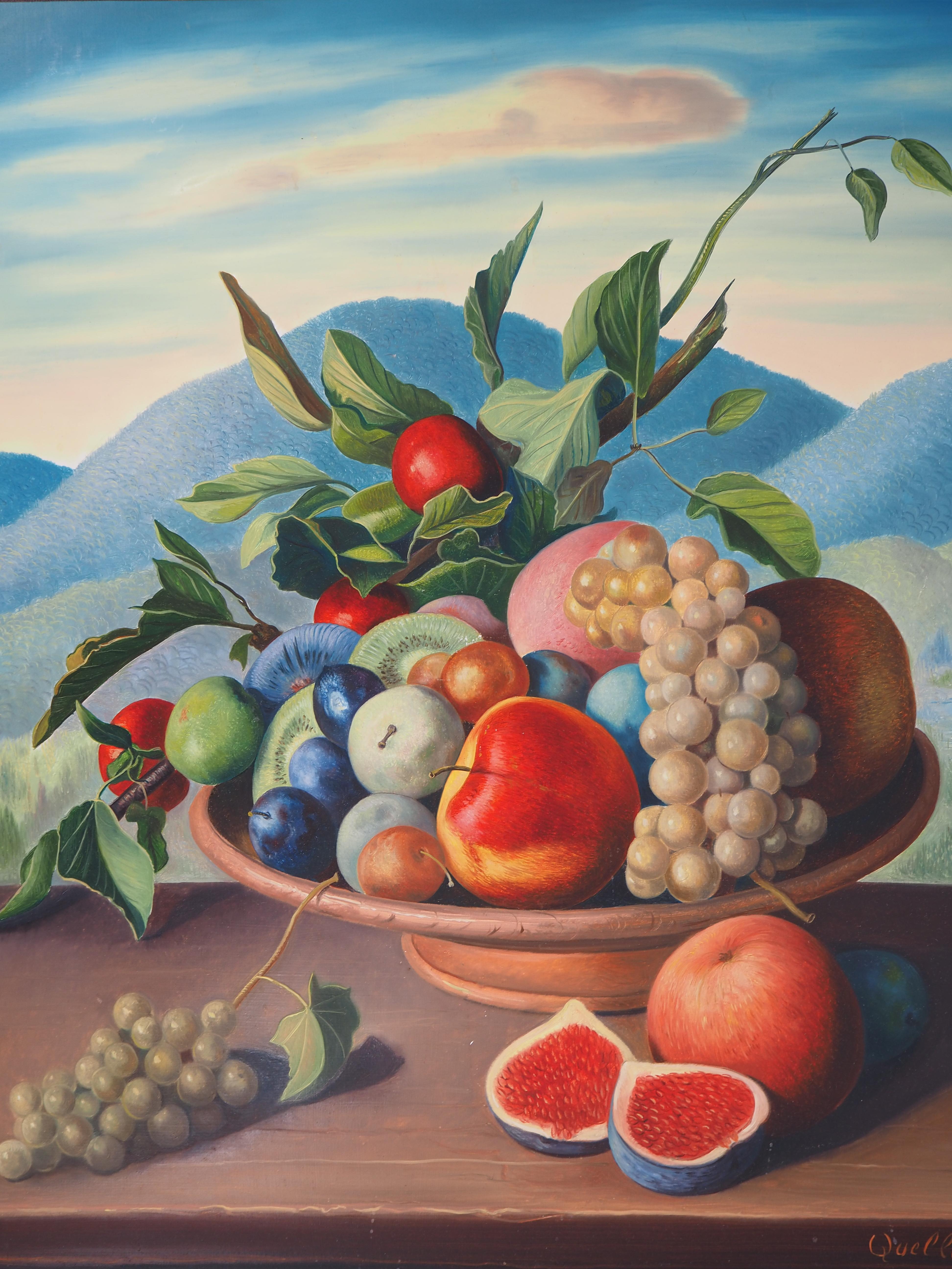 Still life with Fruits and Leaves - Original Oil Painting, Signed For Sale 5