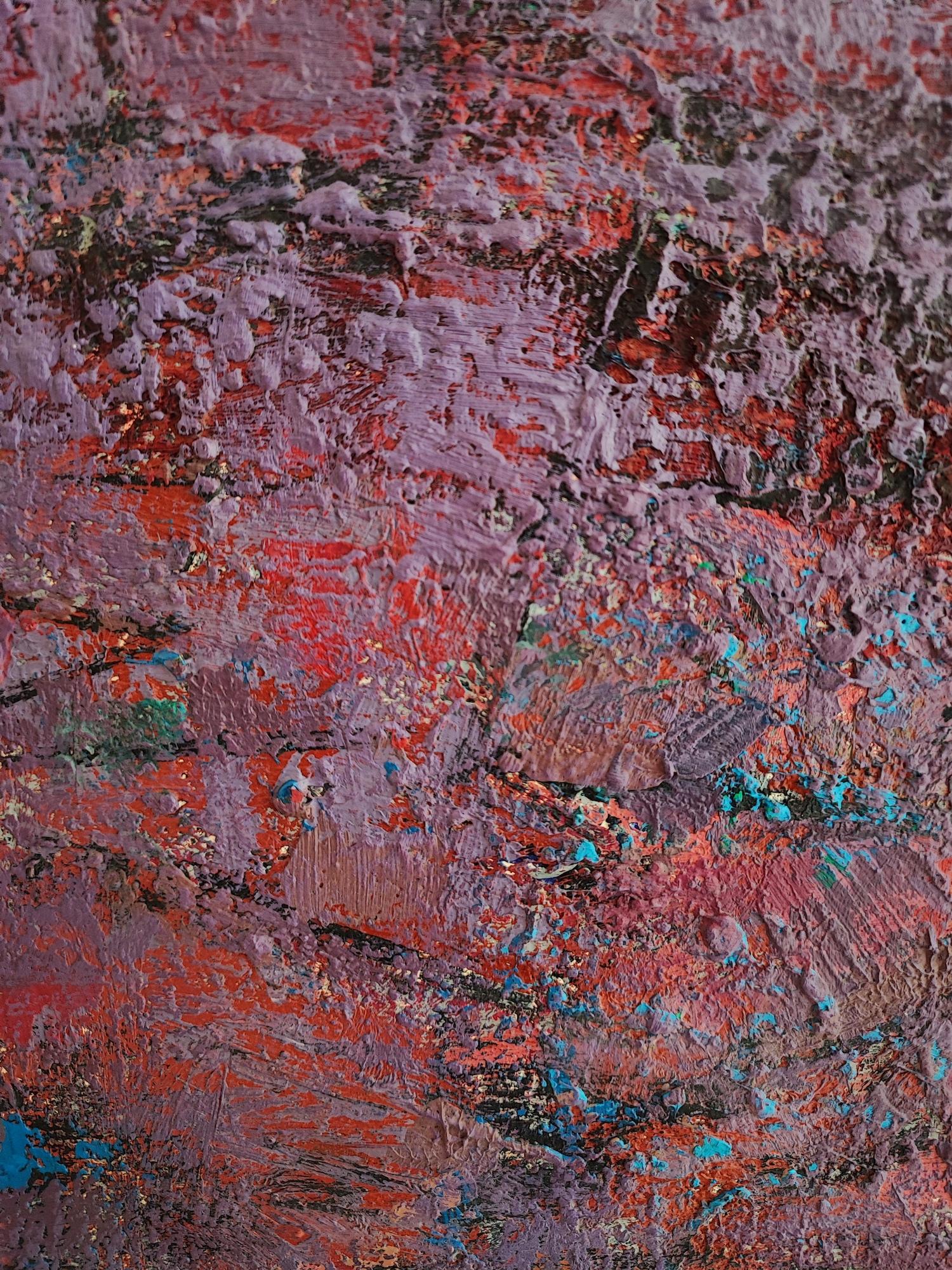 Work on canvas
Dimensions with frame : 57 x 90 x 3 cm
This intriguing abstract work, dominated by purple and pink hues, is a bold example of modern expressionism. The intricate surface texture reveals energetic brushstrokes and multiple layers of