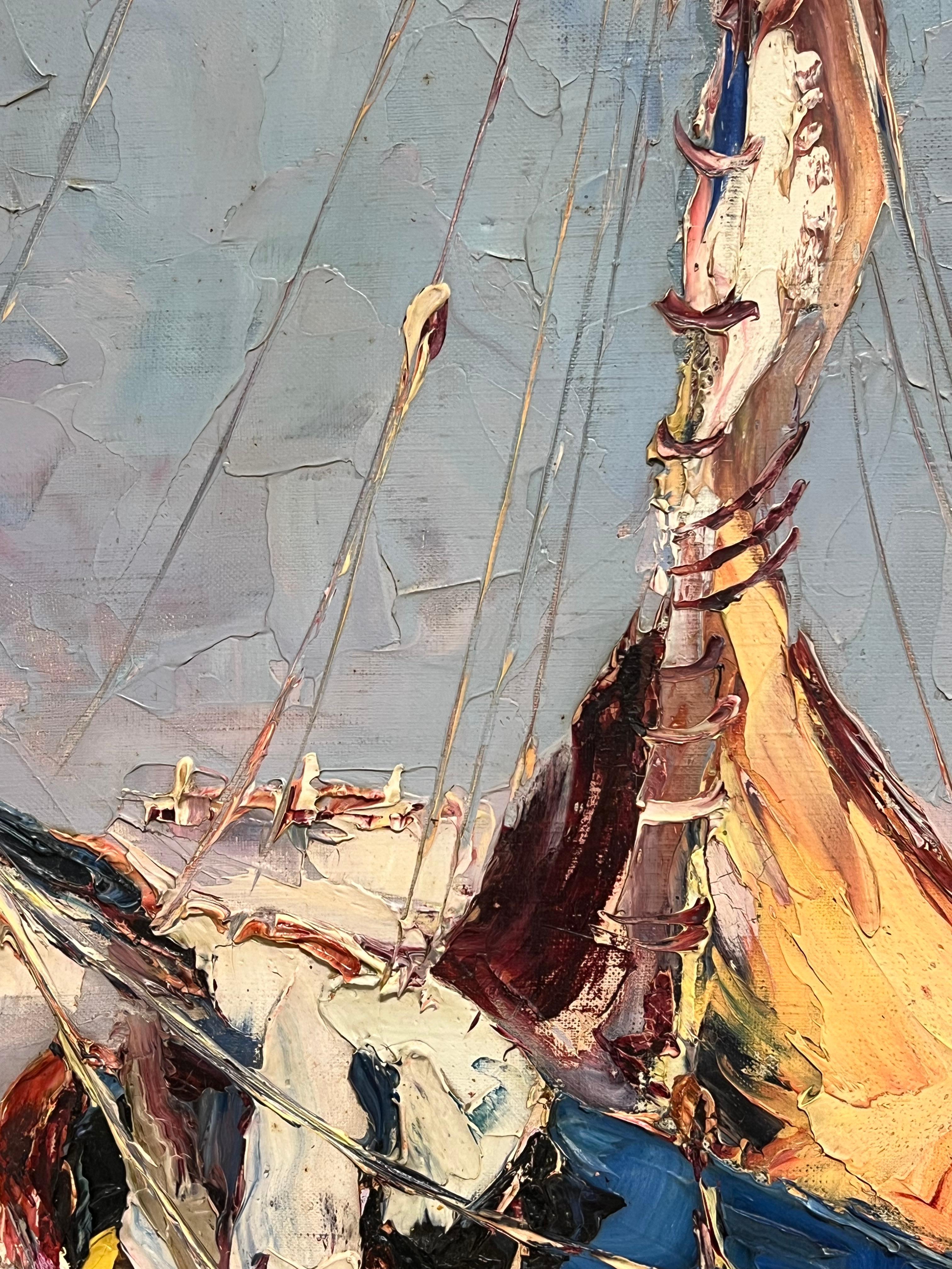 Barcos de pesca en el puerto mediterráneo Firmado Antiguo óleo impresionista francés en venta 7