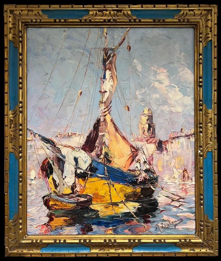 Barcos de pesca en el puerto mediterráneo Firmado Antiguo óleo impresionista francés - Painting de André Salomon le Tropézien