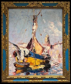 Fishing Boats in Mediterranean Harbor Signed Antique French Impressionist Oil