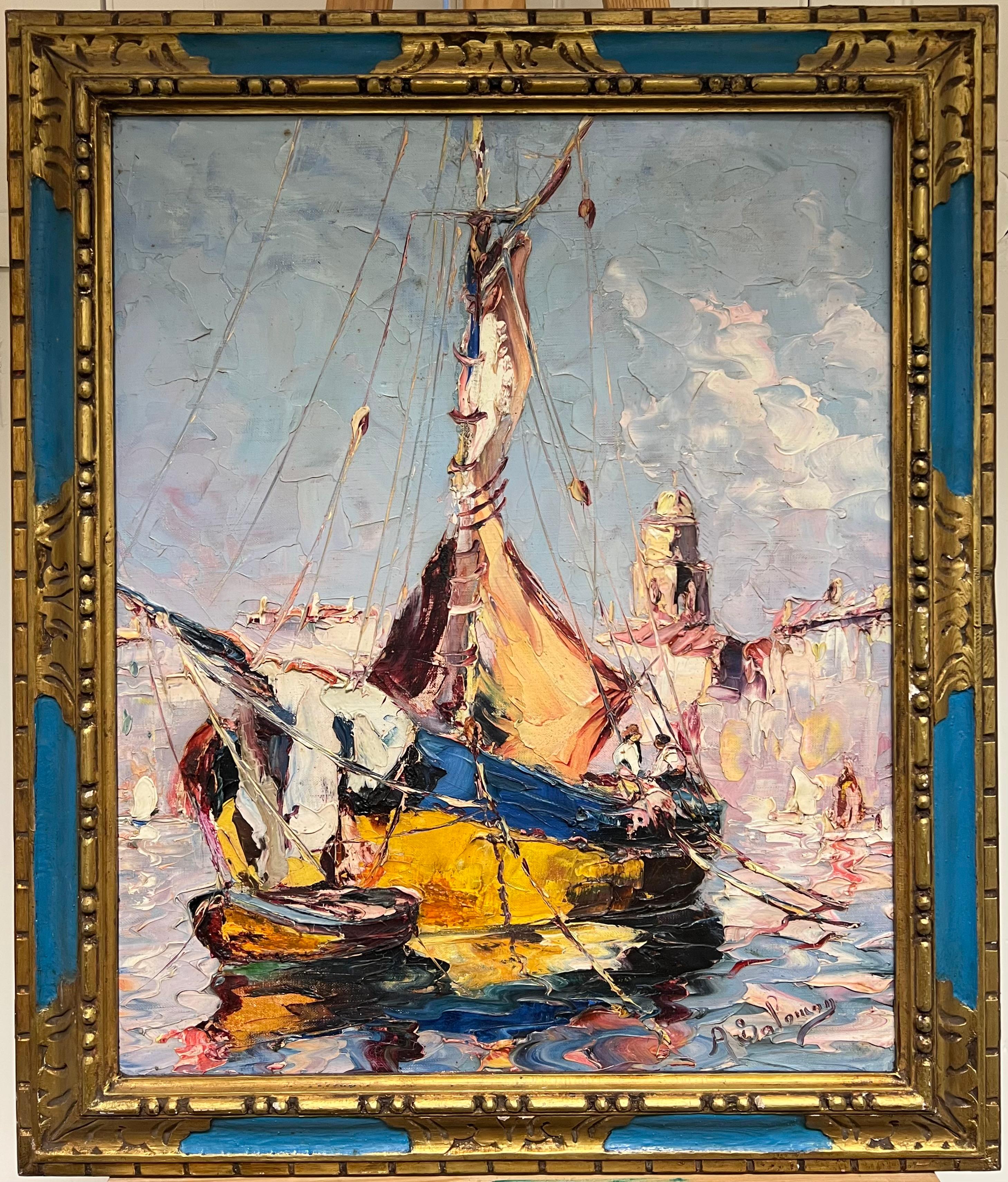 Barcos de pesca en el puerto mediterráneo Firmado Antiguo óleo impresionista francés - Painting Posimpresionista de André Salomon le Tropézien