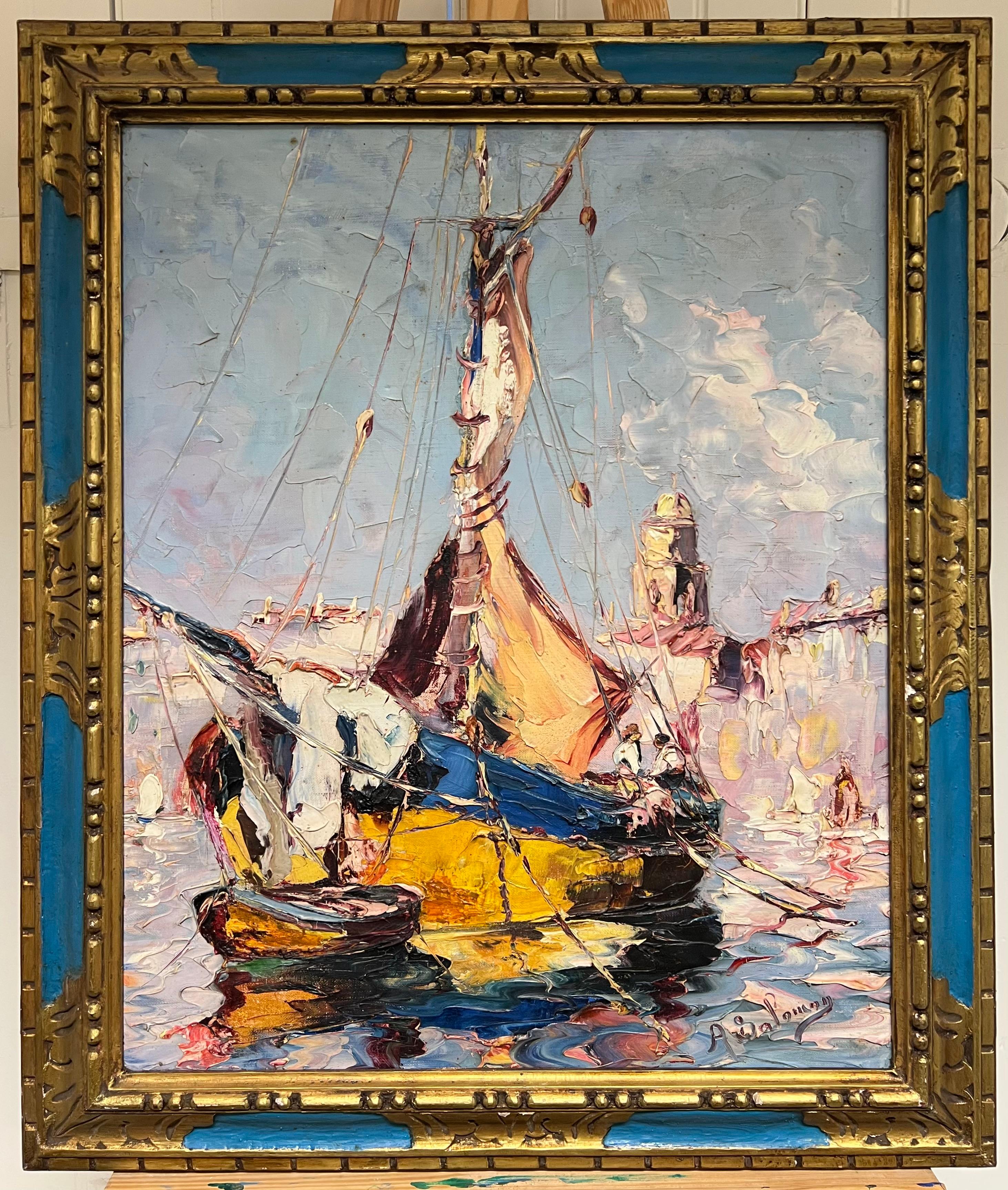 Barcos de pesca en el puerto mediterráneo Firmado Antiguo óleo impresionista francés - Landscape Painting Marrón de André Salomon le Tropézien