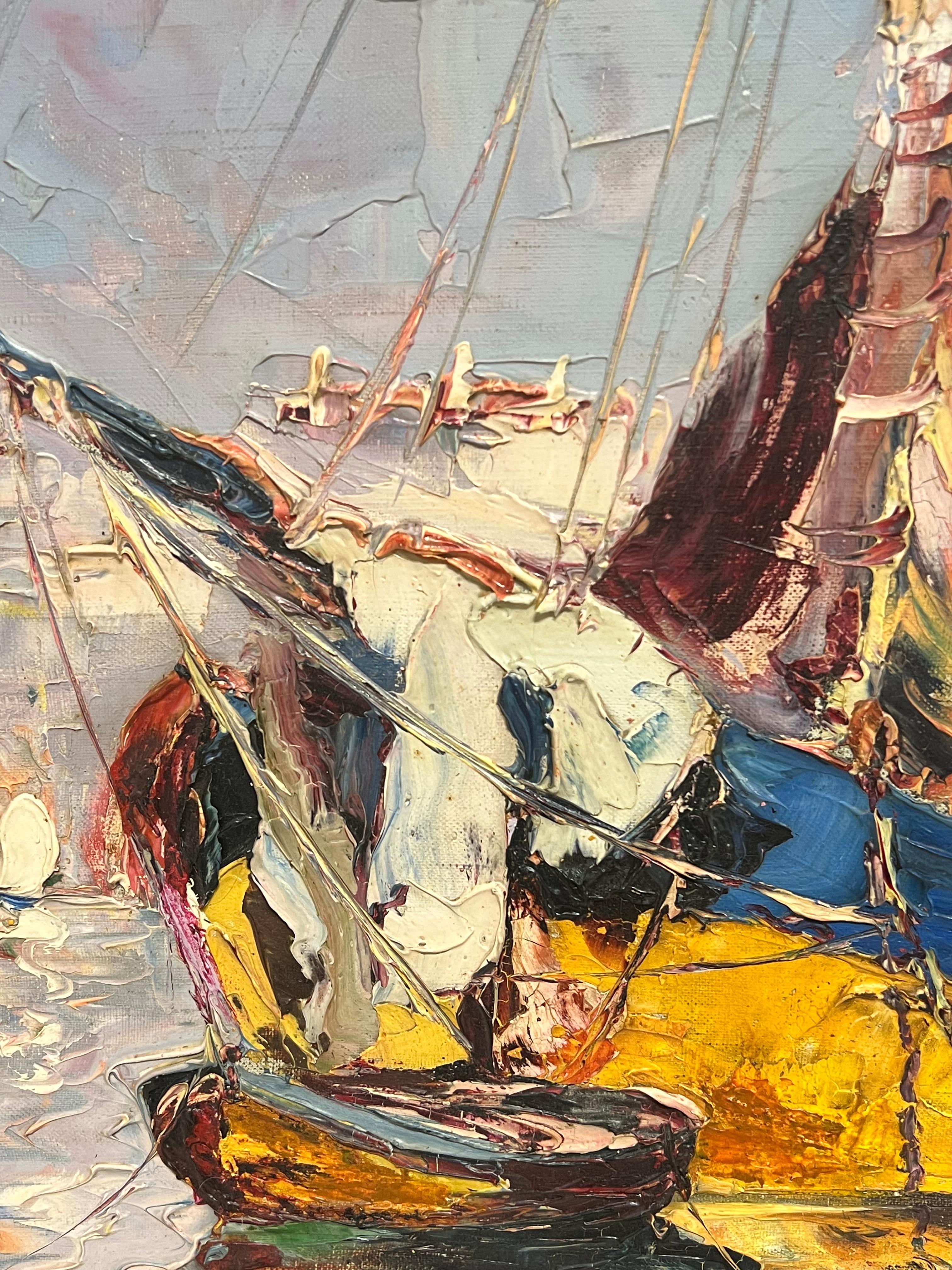Barcos de pesca en el puerto mediterráneo Firmado Antiguo óleo impresionista francés en venta 3